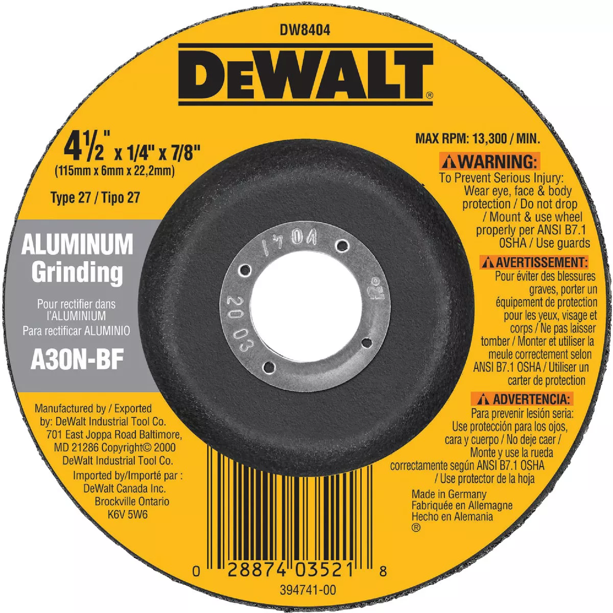 DEWALT HP Type 27 4-1/2 In. x 1/4 In. x 7/8 In. Aluminum Grinding Cut-Off Wheel - photo 2