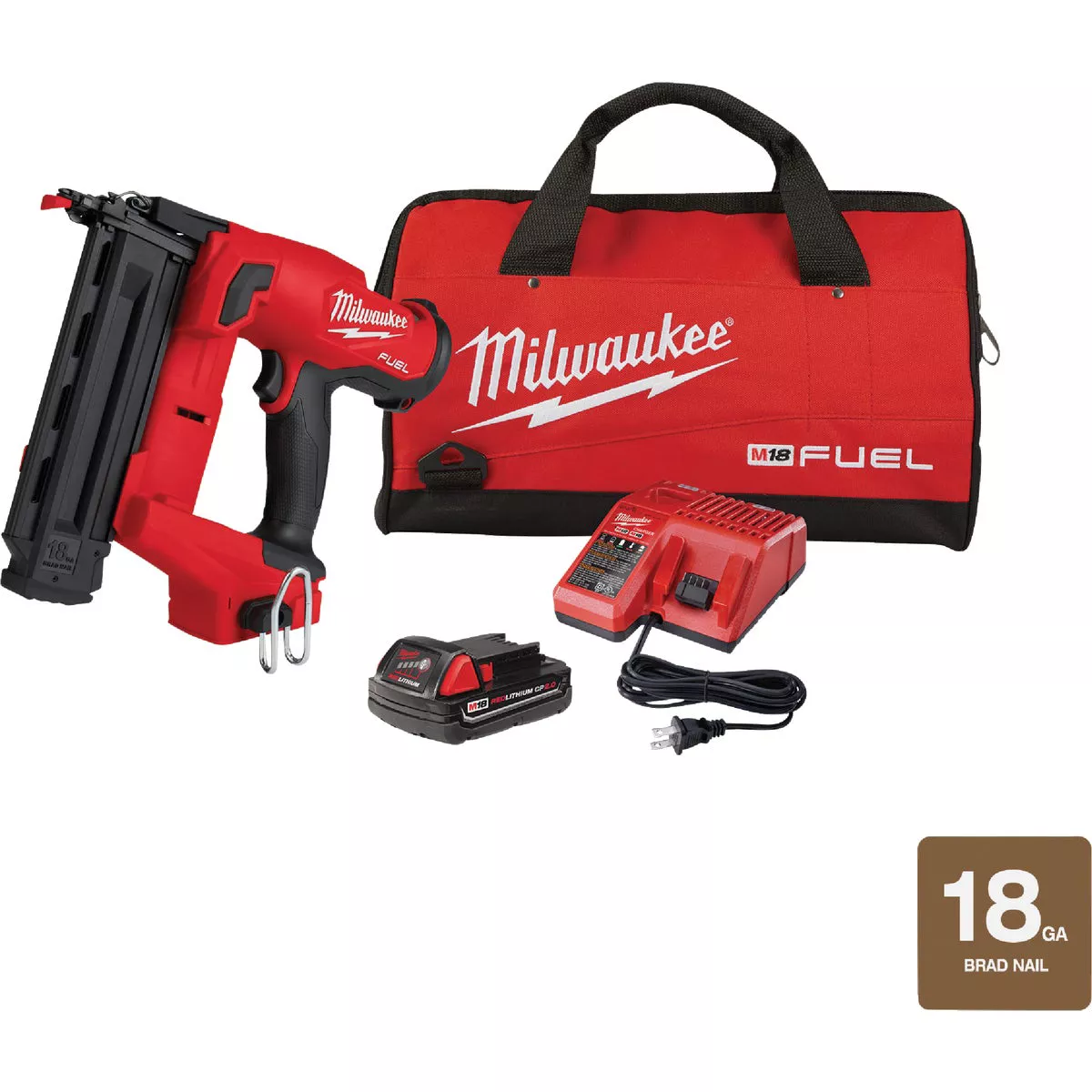 Milwaukee M18 FUEL Brushless Cordless Gen II 18-Gauge Brad Nailer w/M18 Lithium-Ion HIGH OUTPUT CP 3.0Ah Battery Pack (2-Pack)