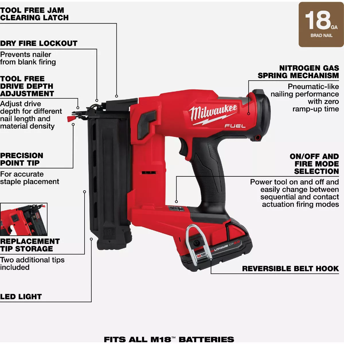 Milwaukee M18 FUEL Brushless 18-Gauge 2-1/8 In. Cordless Brad Nailer Kit with 2.0 Ah Battery & Charger - photo 4