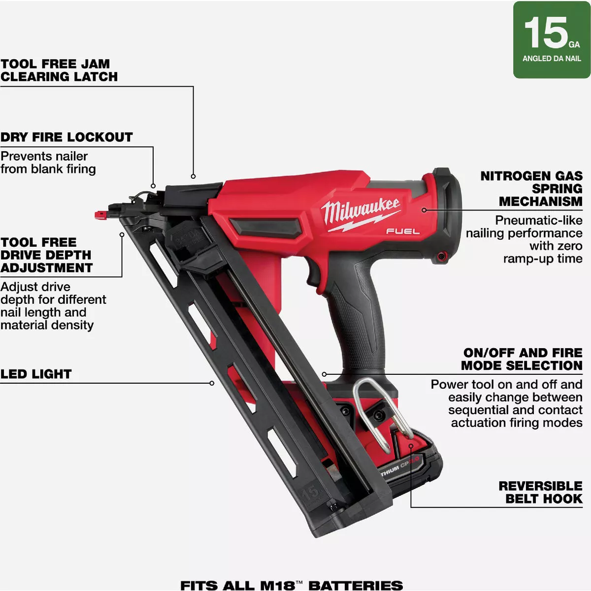 Milwaukee M18 FUEL Brushless 15-Gauge 2-1/2 In. Angled Cordless Finish Nailer Kit with 2.0 Ah Battery & Charger - photo 7
