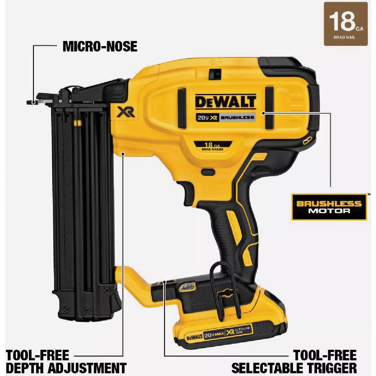 DEWALT 20V MAX XR Brushless 18-Gauge 2-1/8 In. Cordless Brad Nailer Kit with 2.0 Ah Battery & Charger - photo 6