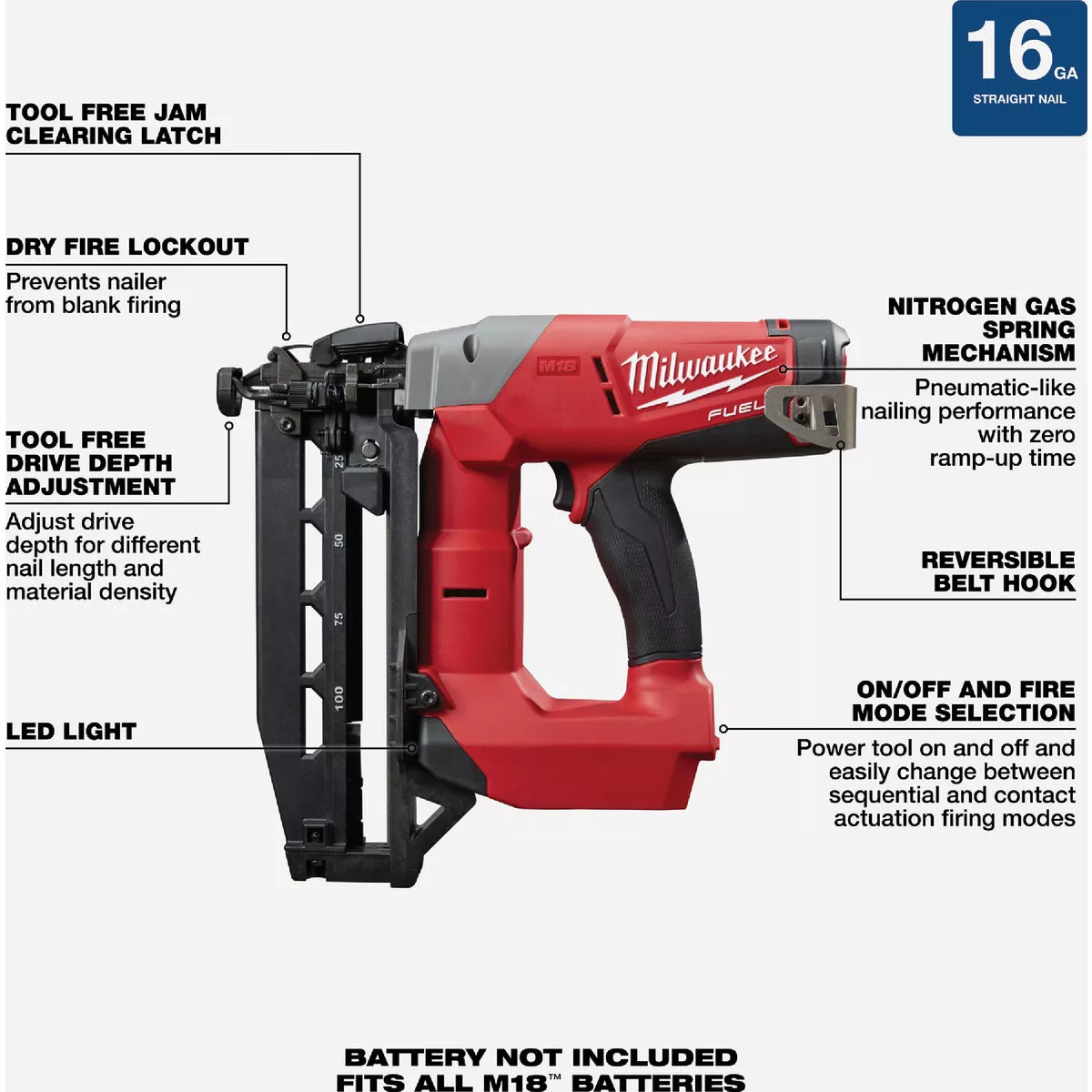 Milwaukee M18 FUEL Brushless 16-Gauge 2-1/2 In. Straight Cordless Finish Nailer (Tool Only) - photo 4