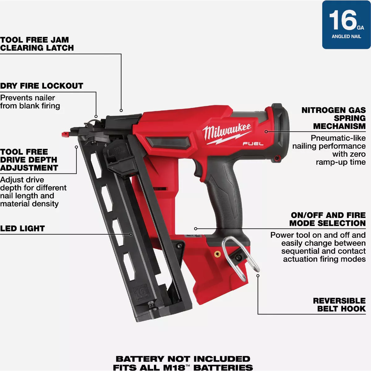 Milwaukee M18 FUEL Brushless 16-Gauge 2-1/2 In. Angled Cordless Finish Nailer (Tool Only) - photo 7