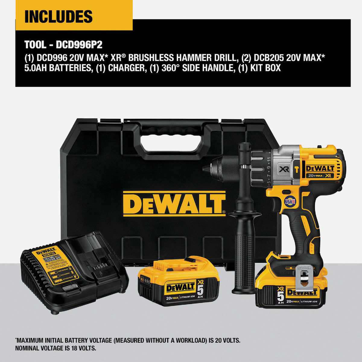 DEWALT 20V MAX XR Brushless 1/2 In. 3-Speed Cordless Hammer Drill Kit with  (2) 5.0 Ah Batteries & Charger