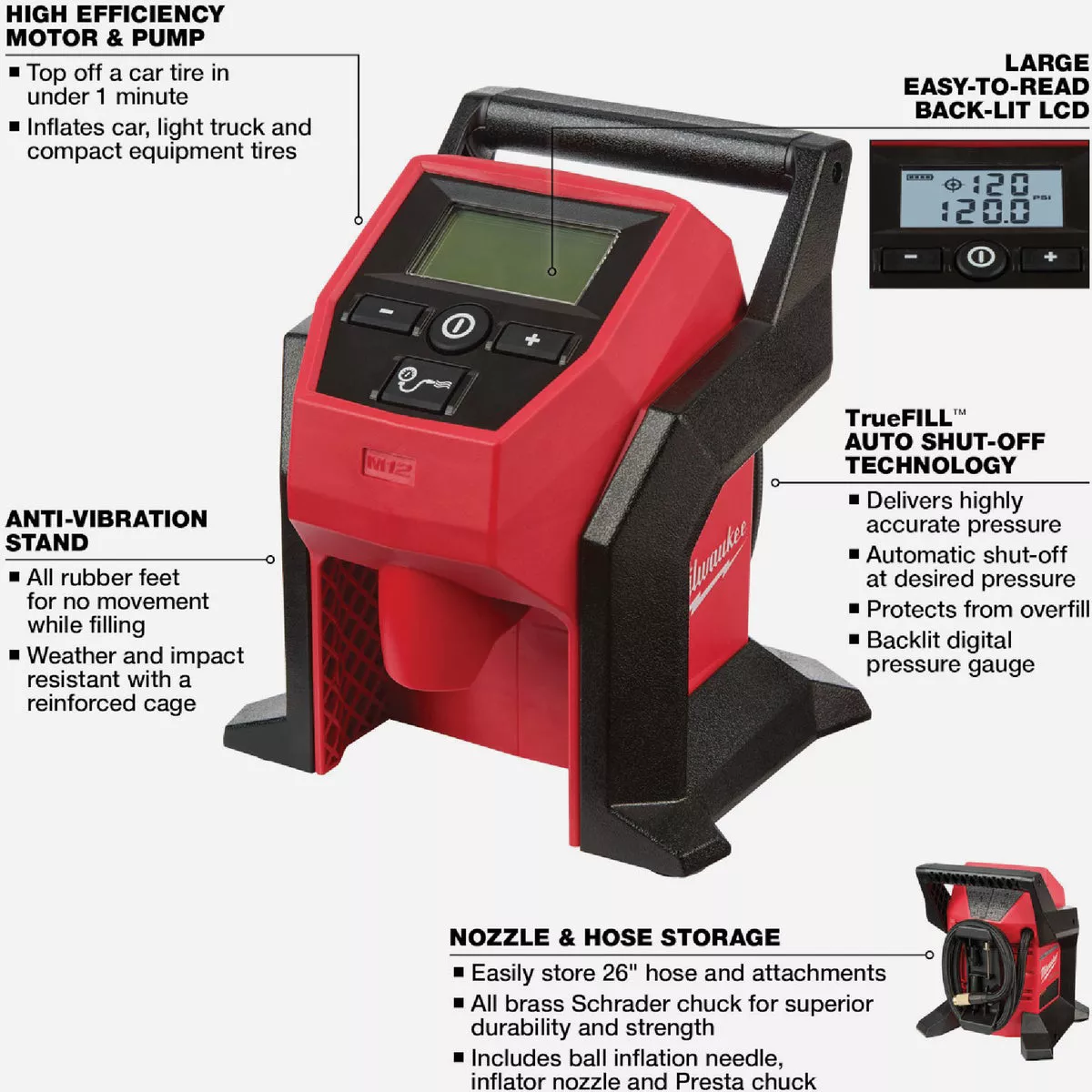 Milwaukee M12 12V Lithium-Ion 120 psi Compact Cordless Inflator (Tool Only) - photo 3