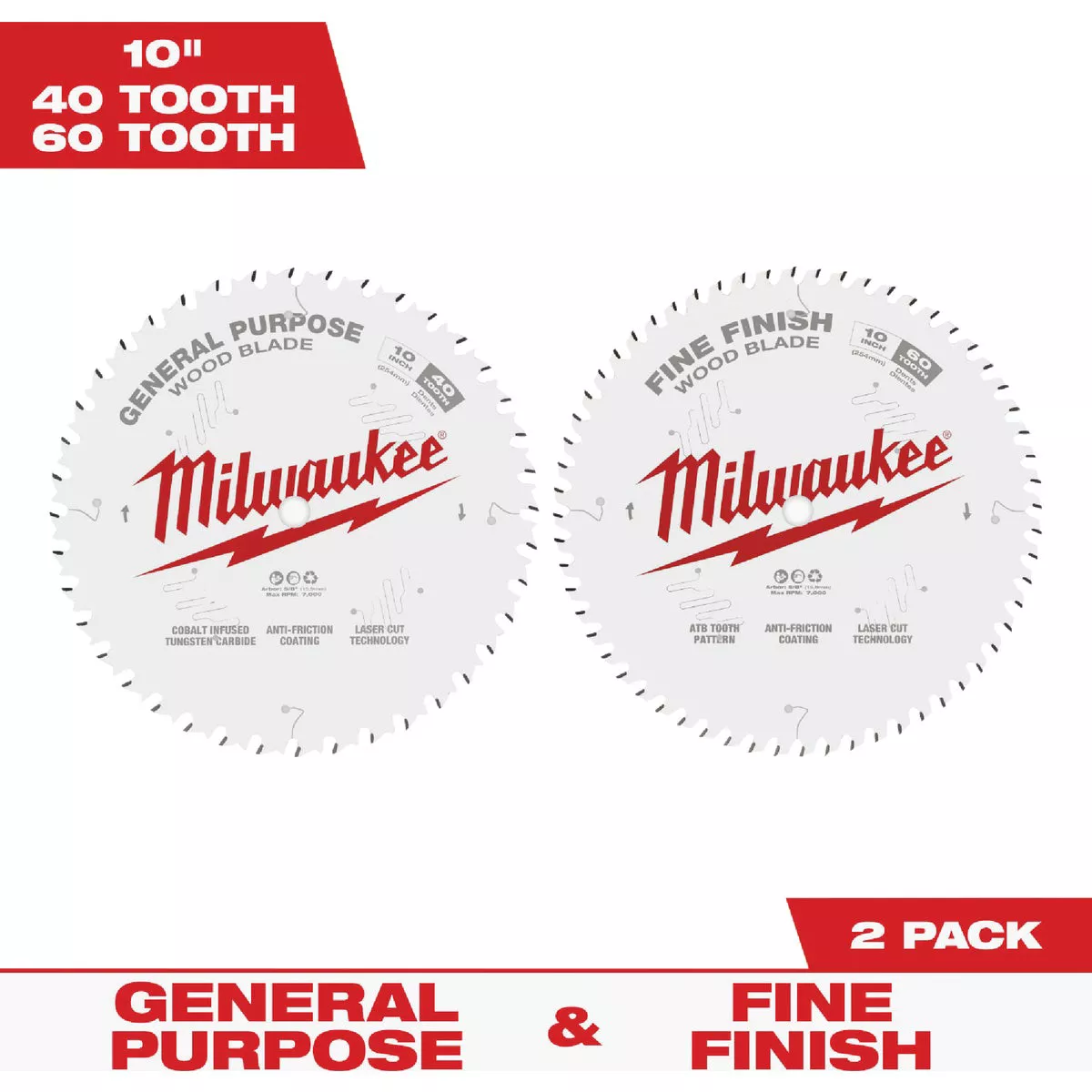 Milwaukee 10 In. 40-Tooth General Purpose & 60-Tooth Fine Finish Wood Circular Saw Set