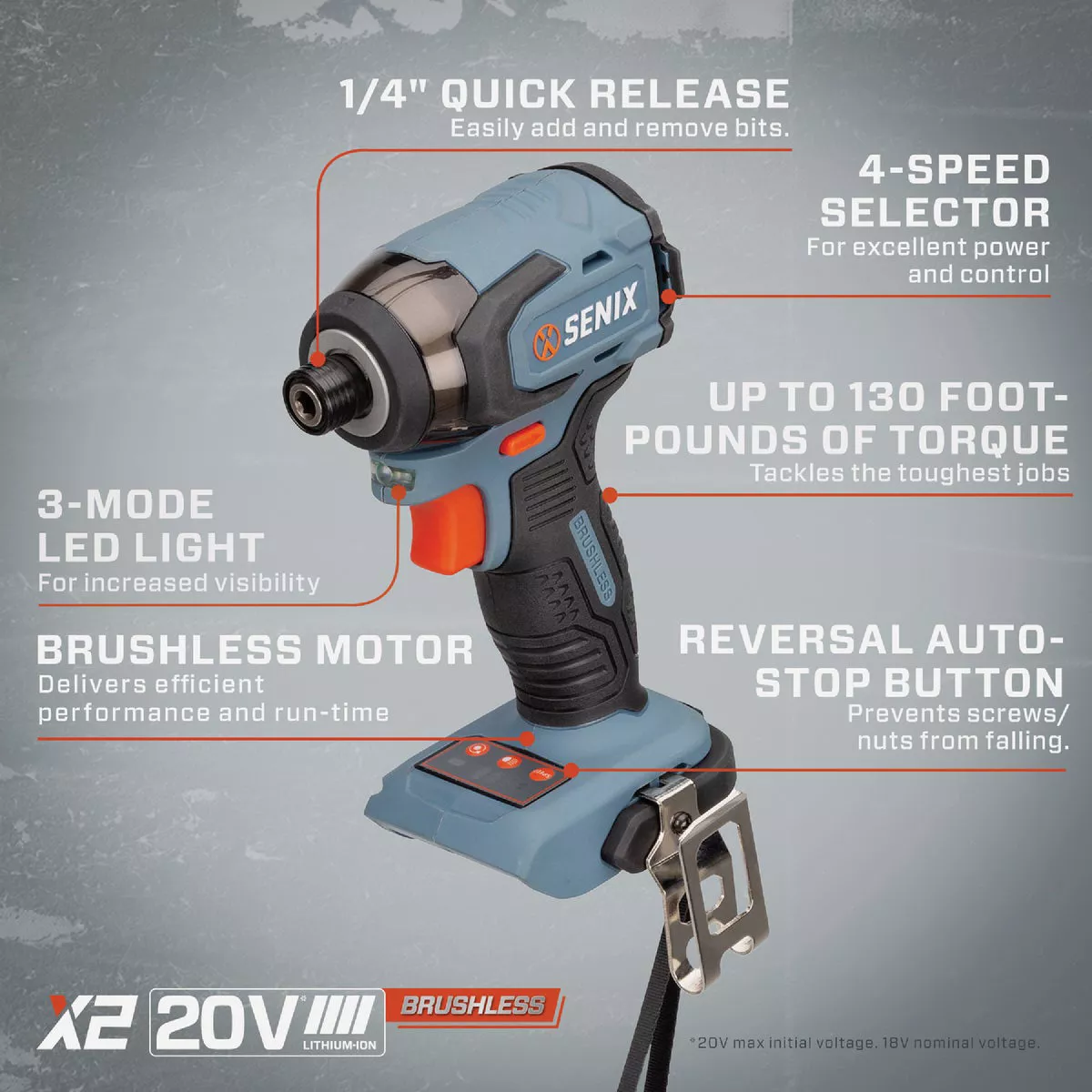 Senix X2 20 Volt Max Brushless 1/4 In. Hex Cordless Impact Driver Kit with 2.0 Ah Battery & Charger - photo 2