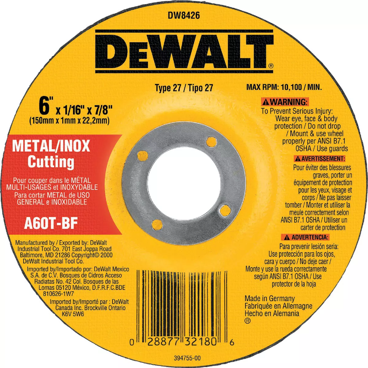 DEWALT HP Type 27 6 In.x 0.045 In. x 7/8 In. Metal/Stainless Cut-Off Wheel