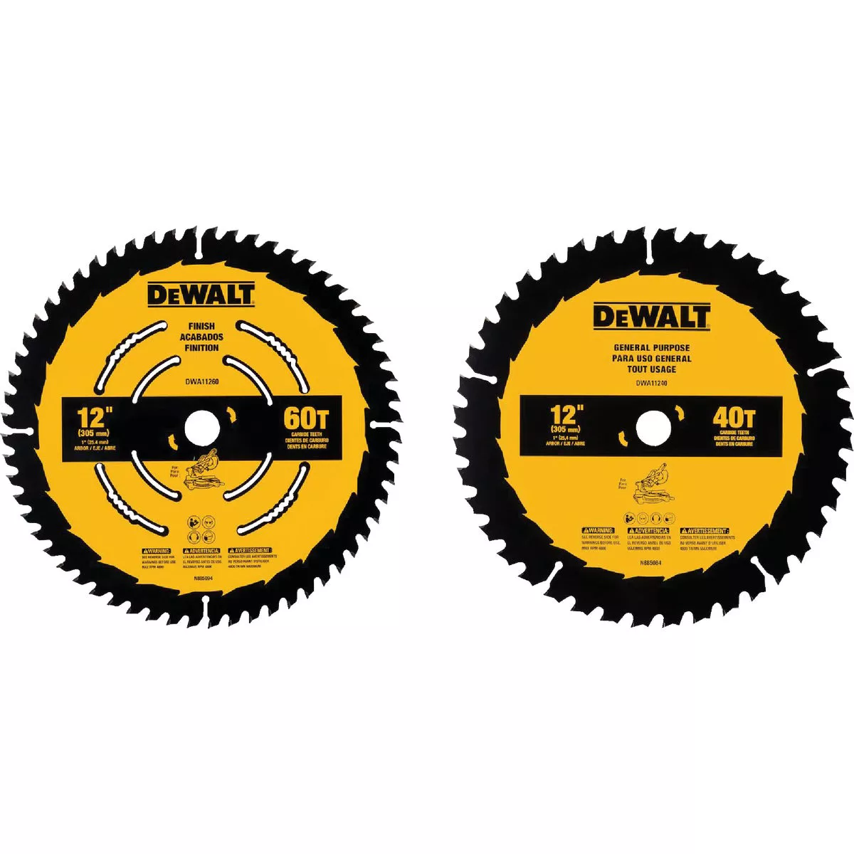 DEWALT 12 In. 40-Tooth General Purpose & 60-Tooth Fine Finish Wood Circular Saw Blade Set (2-Pack)