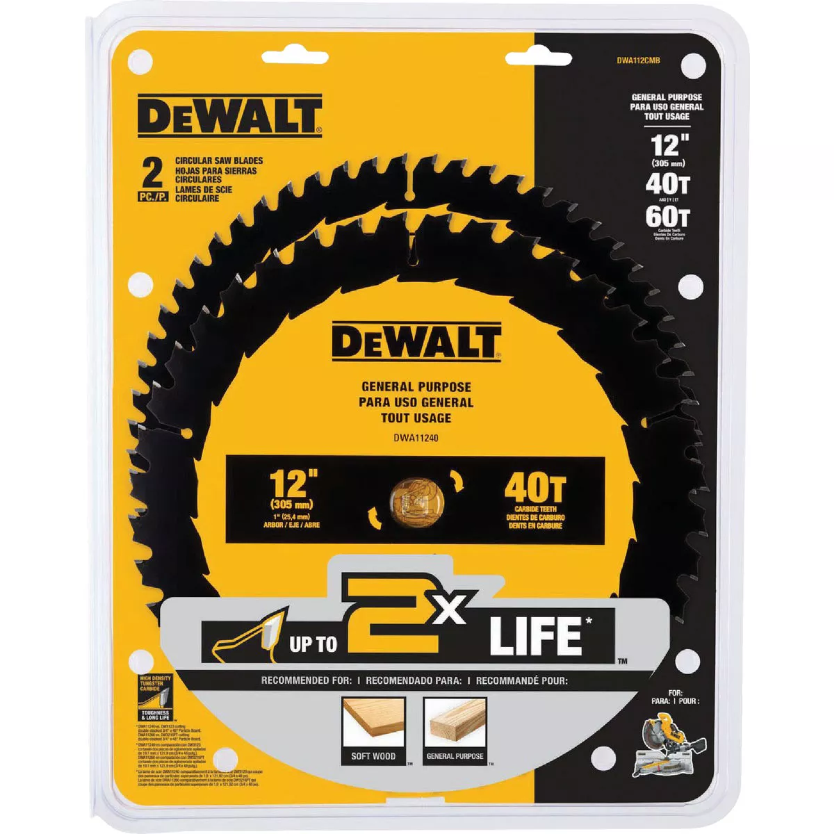 DEWALT 12 In. 40-Tooth General Purpose & 60-Tooth Fine Finish Wood Circular Saw Blade Set (2-Pack) - photo 2