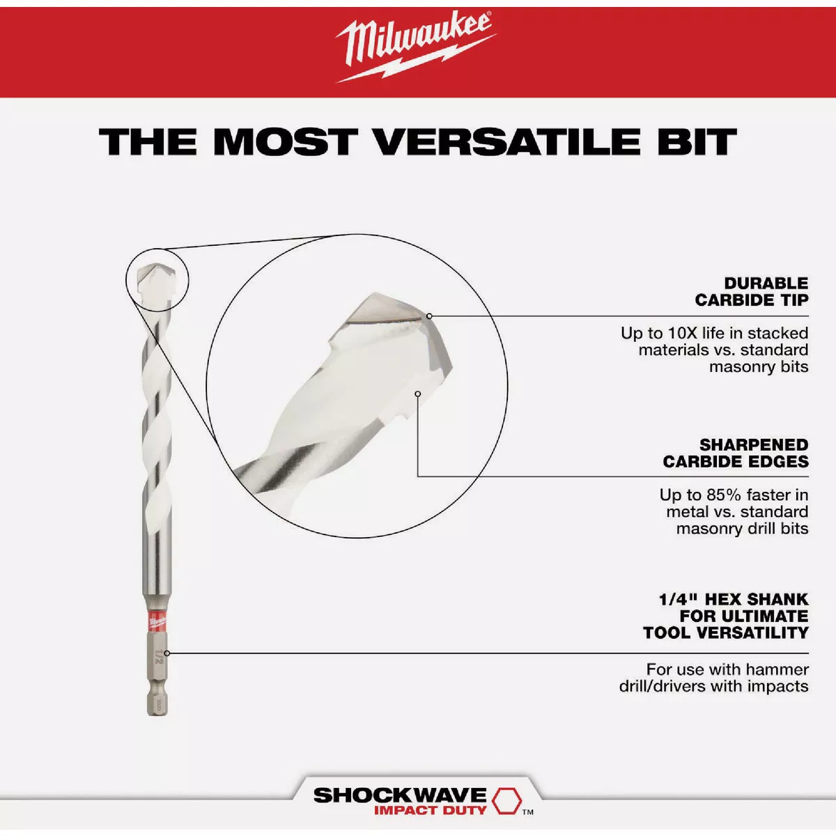 Milwaukee SHOCKWAVE 1/4 In. x 12 In. Impact Duty Carbide Multi-Material Hex Shank Drill Bit - photo 4