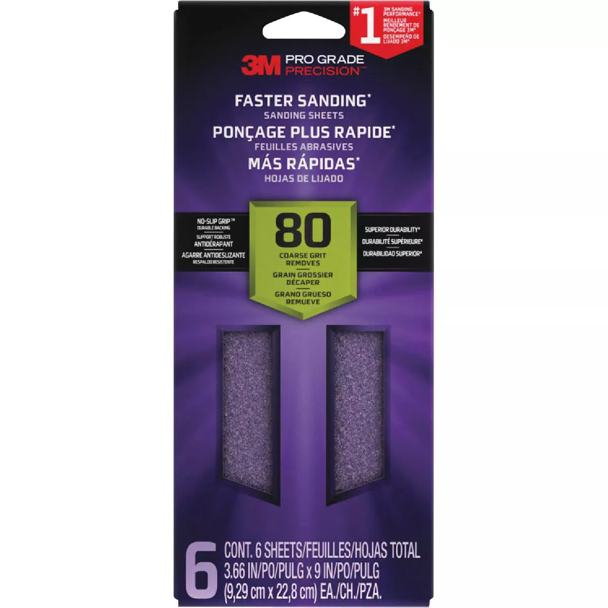 3M Pro Grade Precision 3-2/3 In. x 9 In. 80 Grit 1/3 Sheet Sandpaper with No-Slip Grip Backing (6-Pack)