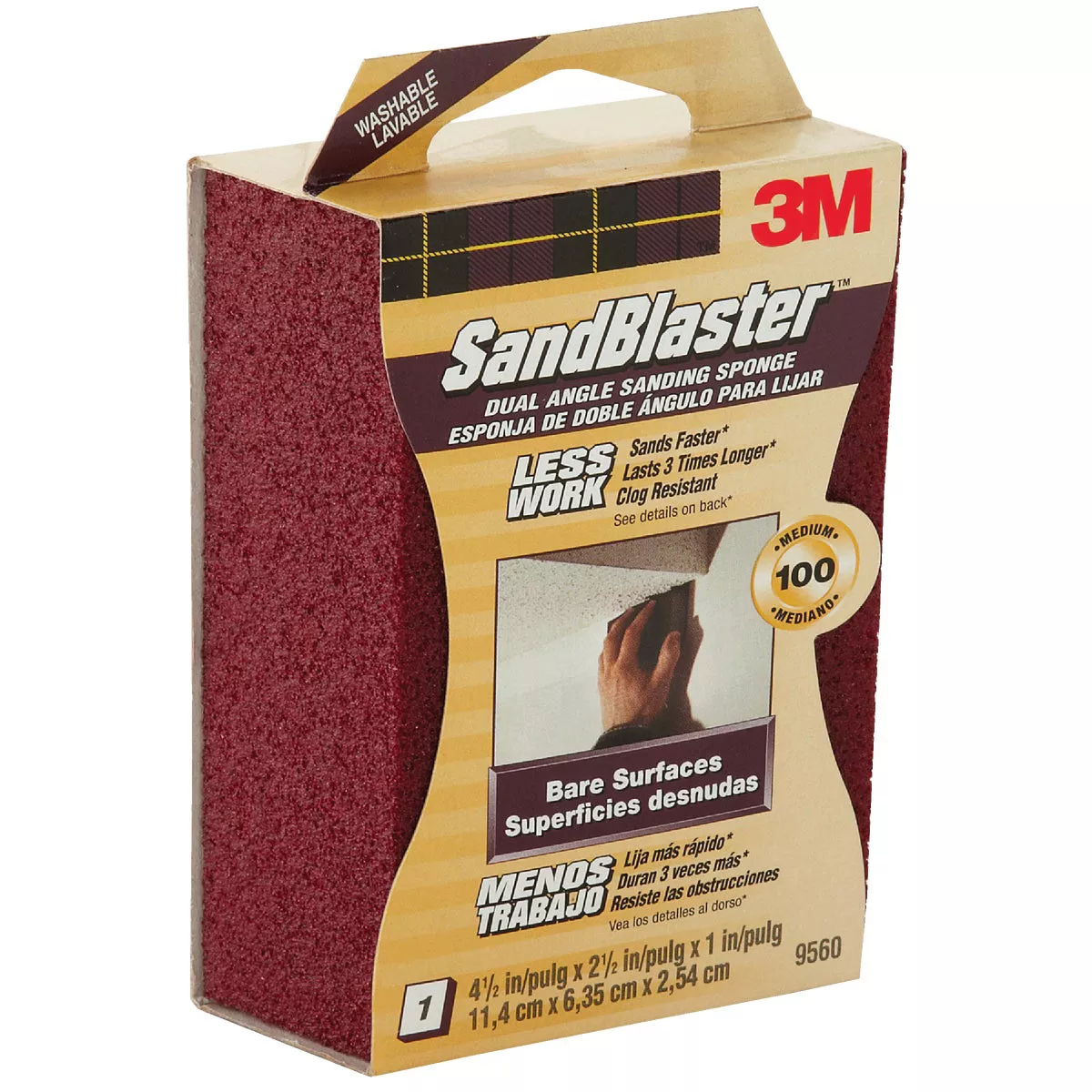 3M SandBlaster 2-1/2 In. x 4-1/2 In. x 1 In. Dual Angle Bare Surfaces Sanding Sponge, 100 Grit