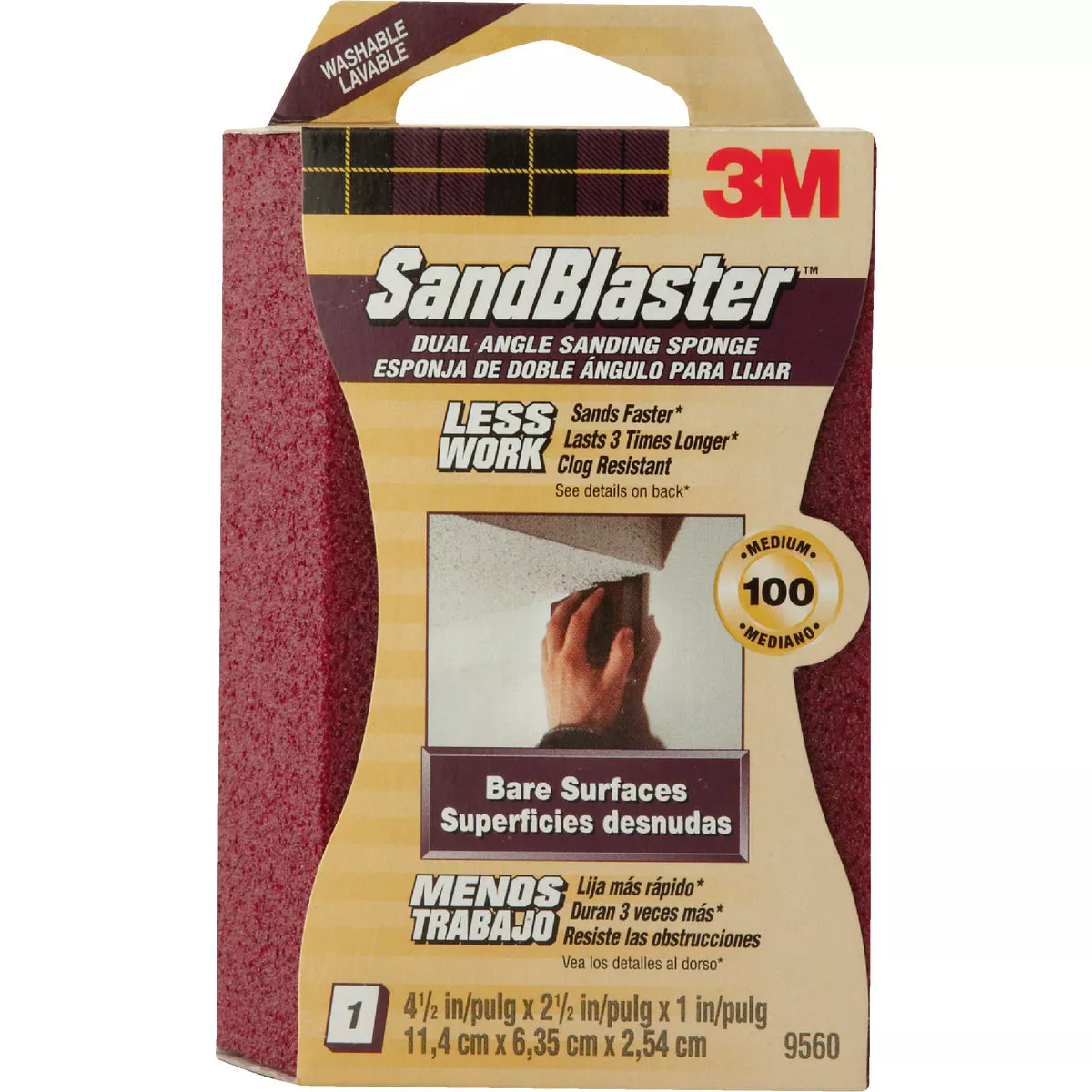 3M SandBlaster 2-1/2 In. x 4-1/2 In. x 1 In. Dual Angle Bare Surfaces Sanding Sponge, 100 Grit - photo 2