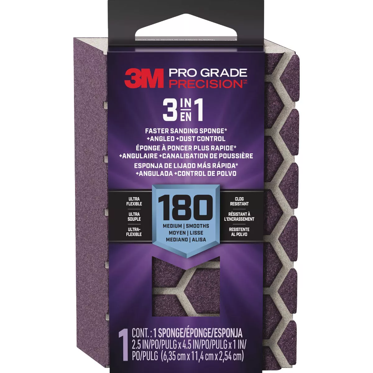 3M Pro Grade Precision 2.5 In. x 4.5 In. x 1 In. 180 Grit Medium 3-in-1 Sanding Sponge