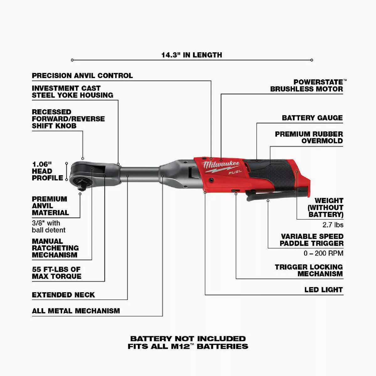 Milwaukee M12 FUEL 12-Volt Lithium-Ion Brushless 3/8 In. Extended Reach Cordless Ratchet (Tool Only) - photo 3