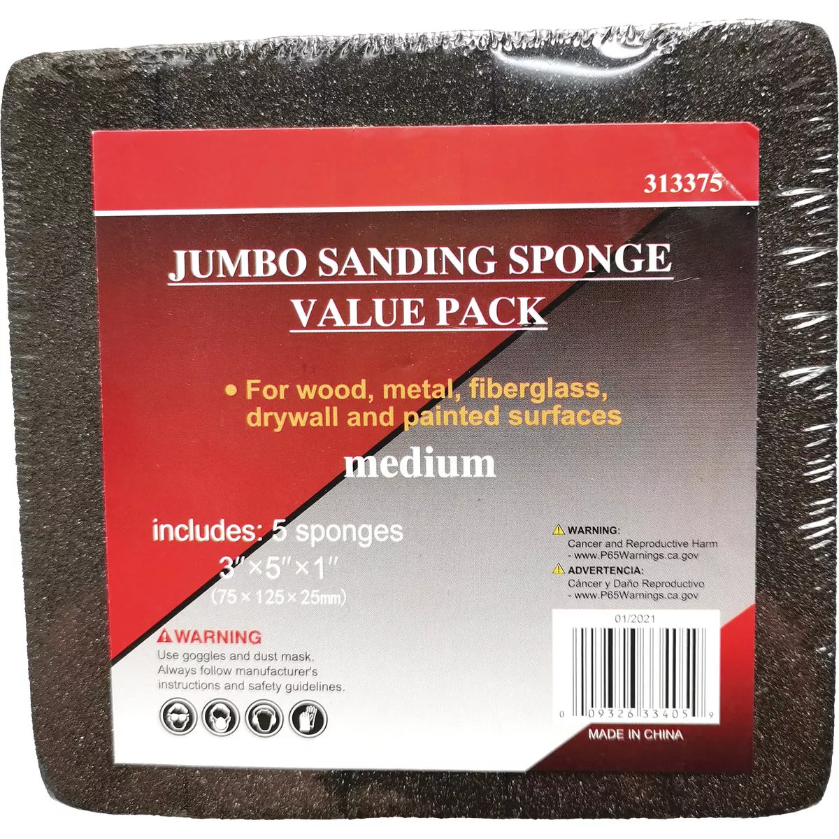 Jumbo All-Purpose 3 In. x 5 In. x 1 In. 80 Grit Medium Sanding Sponge (5-Pack)