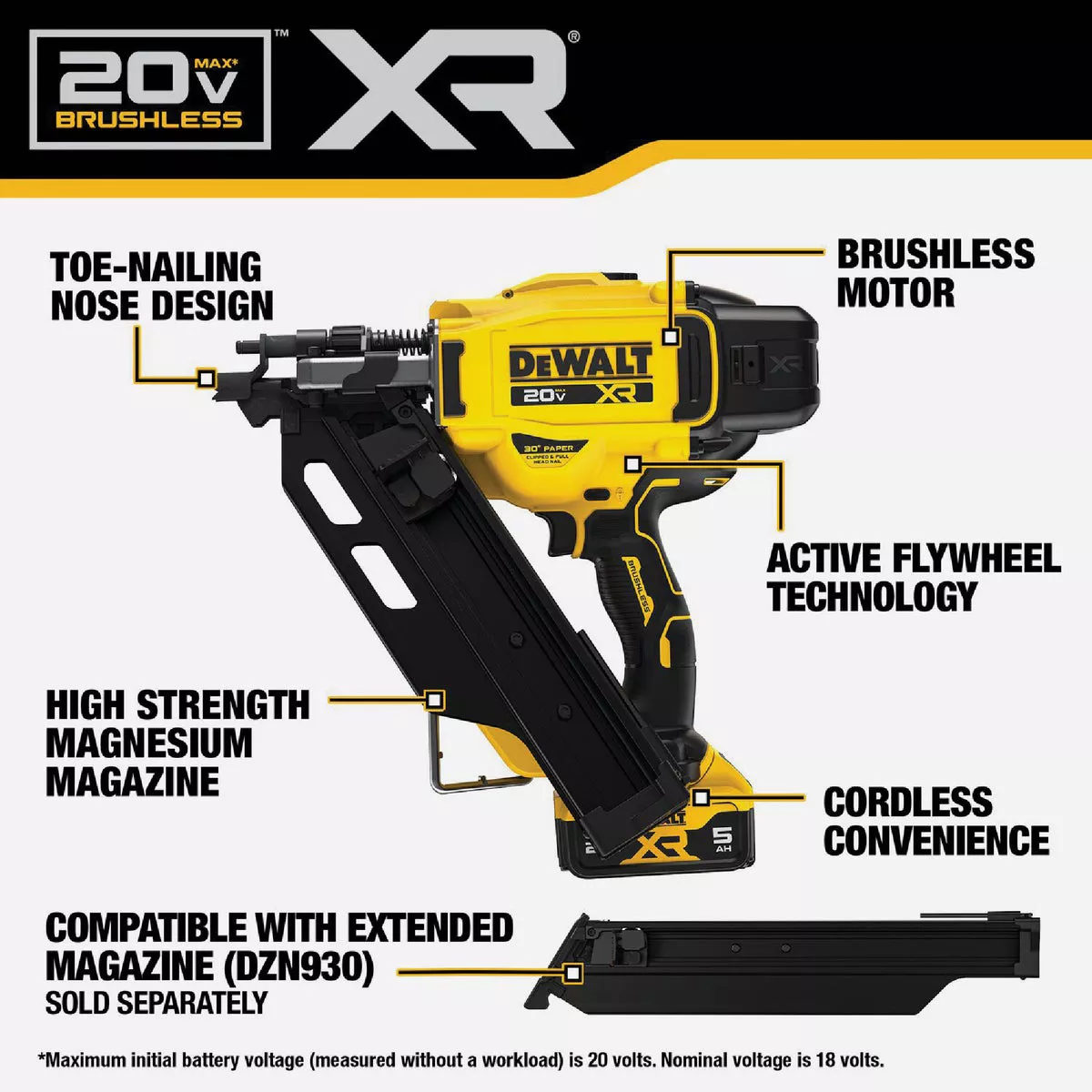 DEWALT 20V MAX XR Brushless 30 Degree Cordless Framing Nailer Kit with 5.0 Ah Battery & Charger - photo 3
