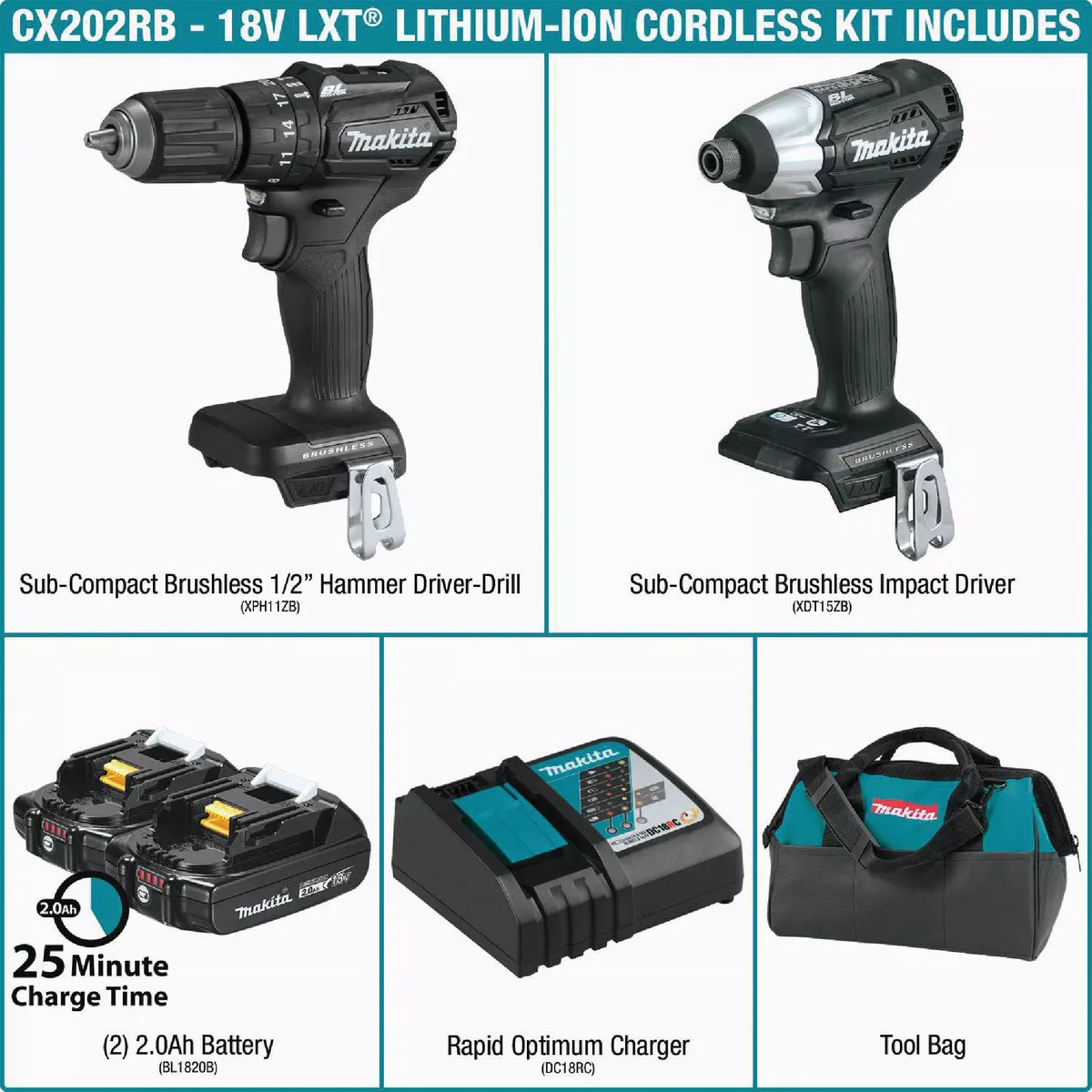 Makita 2-Tool 18V LXT Lithium-Ion Brushless Drill/Driver & Impact Driver Cordless Tool Combo Kit - photo 4