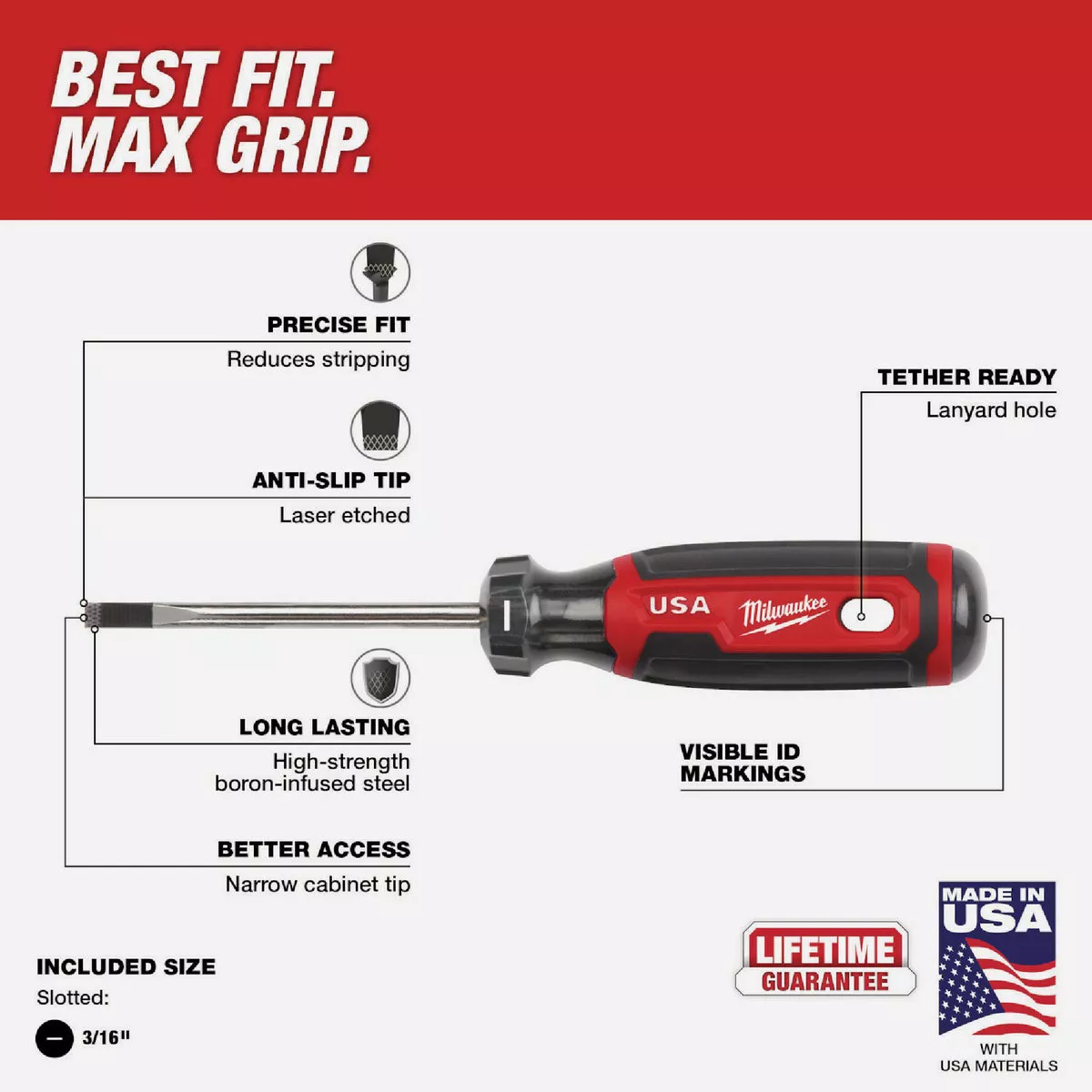 Milwaukee 3/16 In. x 3 In. Cushion Grip Cabinet Tip Slotted Screwdriver (USA) - photo 5