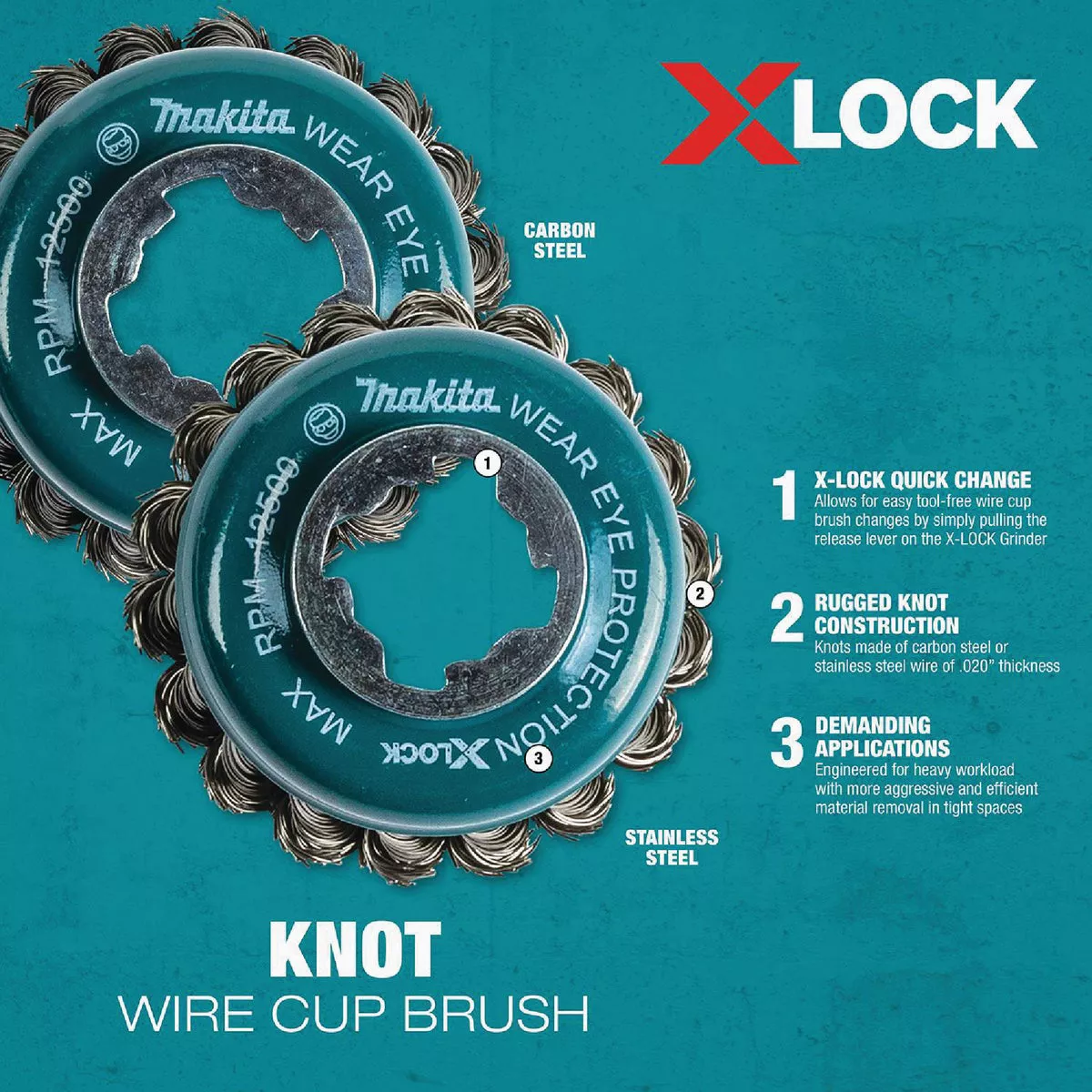 Makita X-LOCK 3-1/8 In. Knotted 0.02 In. Stainless Steel Cup Angle Grinder Wire Brush - photo 3