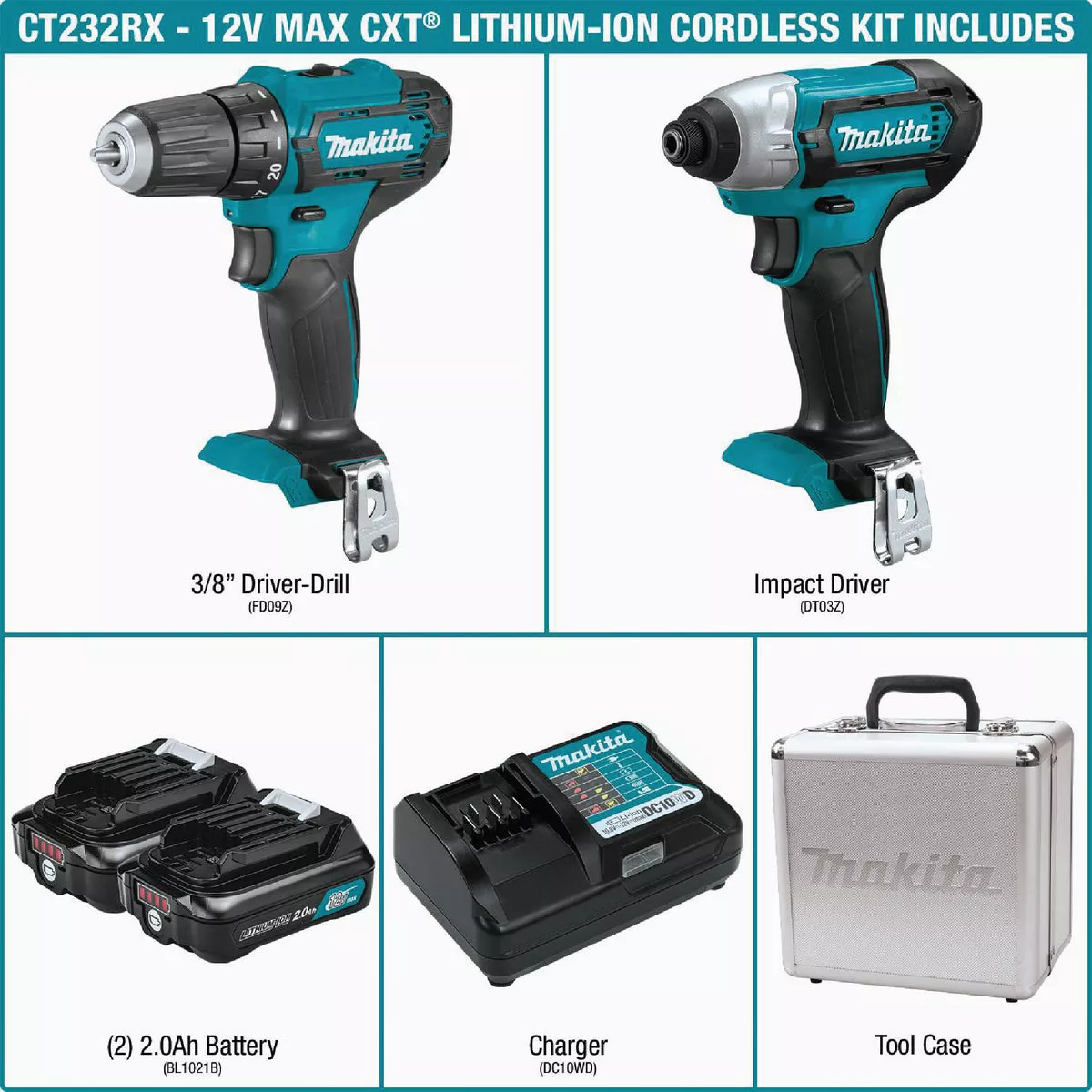 Makita 2-Tool 12V Max CXT Lithium-Ion Compact Drill/Driver & Impact Driver Cordless Tool Combo Kit - photo 4