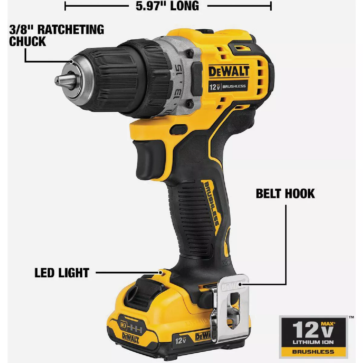 DEWALT XTREME 12V MAX XR Brushless 3/8 In. Cordless Drill/Driver Kit with (2) 2.0 Ah Batteries & Charger - photo 3