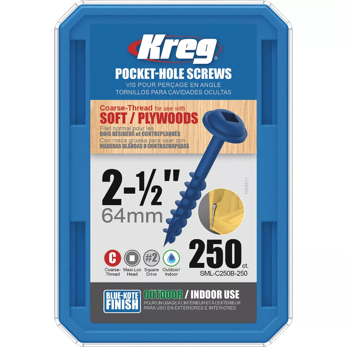 Kreg Blue-Kote #8 x 2-1/2 In. Square Coarse Thread Maxi-Loc Head Pocket-Hole Screw (250 Ct.)