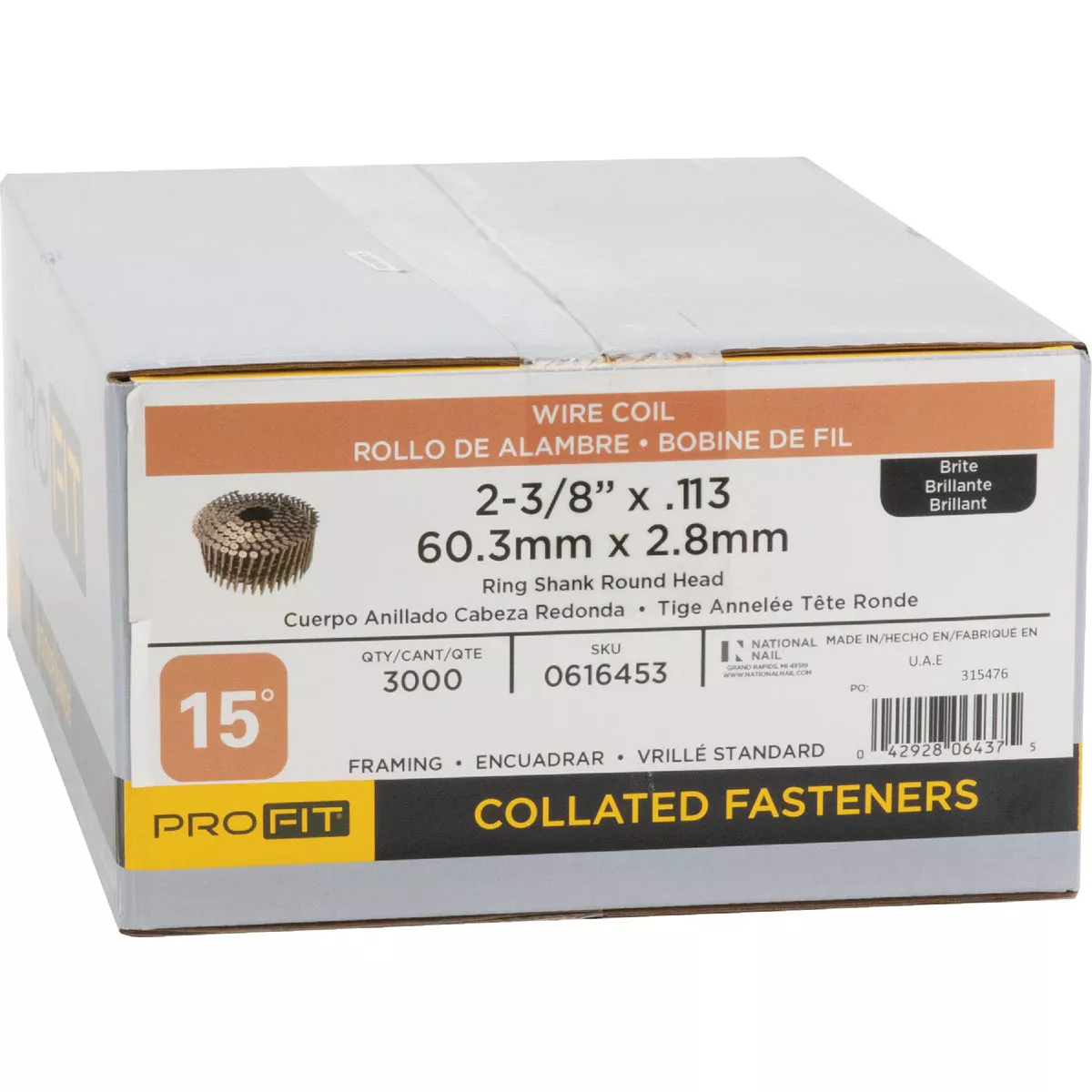 Pro-Fit 2-3/8 In. x 0.113 In. 15 Degree Wire Weld Brite Ring Shank Coil Framing Nail (3000 Ct.) - photo 2