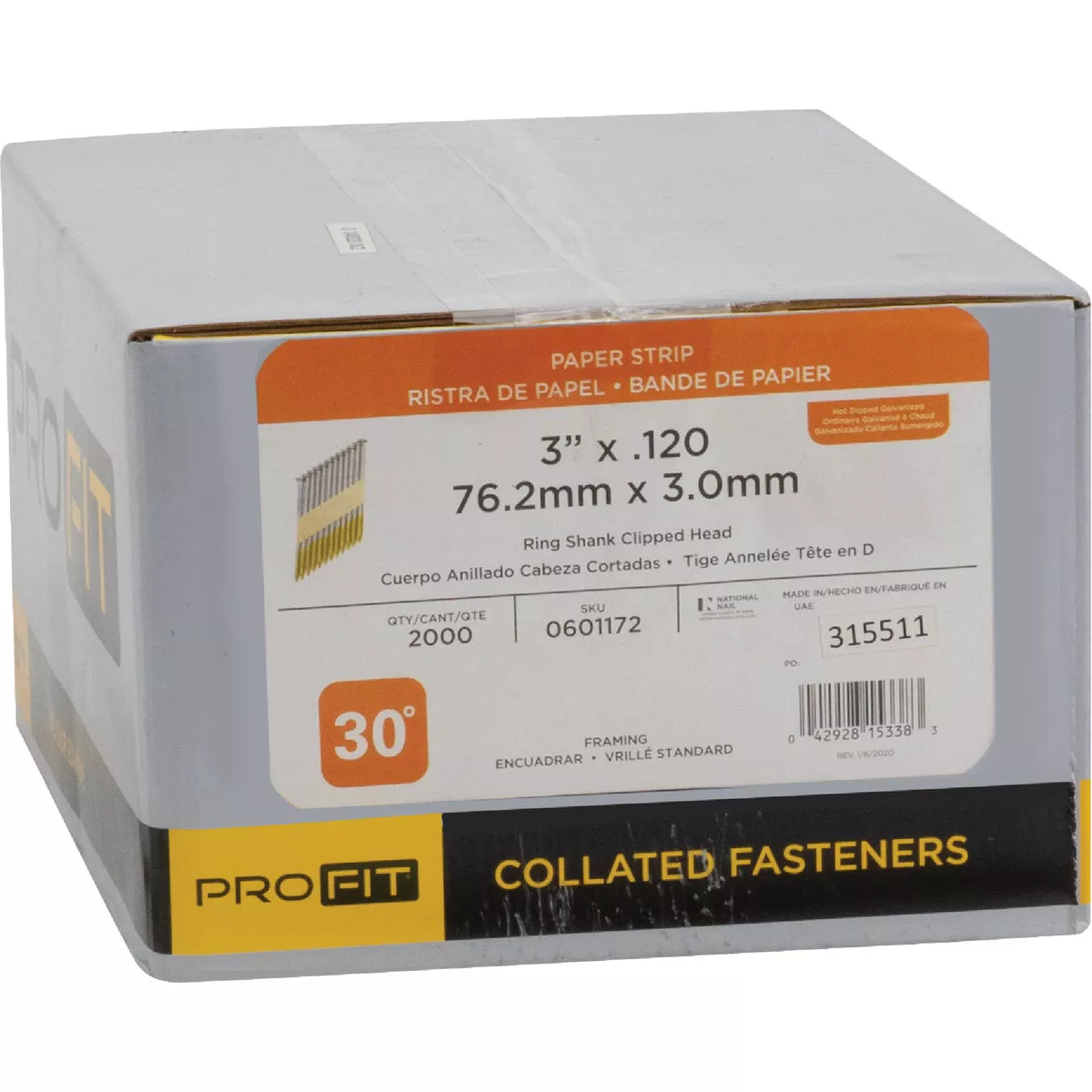 Pro-Fit 3 In. x 0.120 In. 30 Degree Paper Tape Ring Shank Clipped Head Hot Dipped Galvanized Framing Stick Nails (2000 Ct.) - photo 2