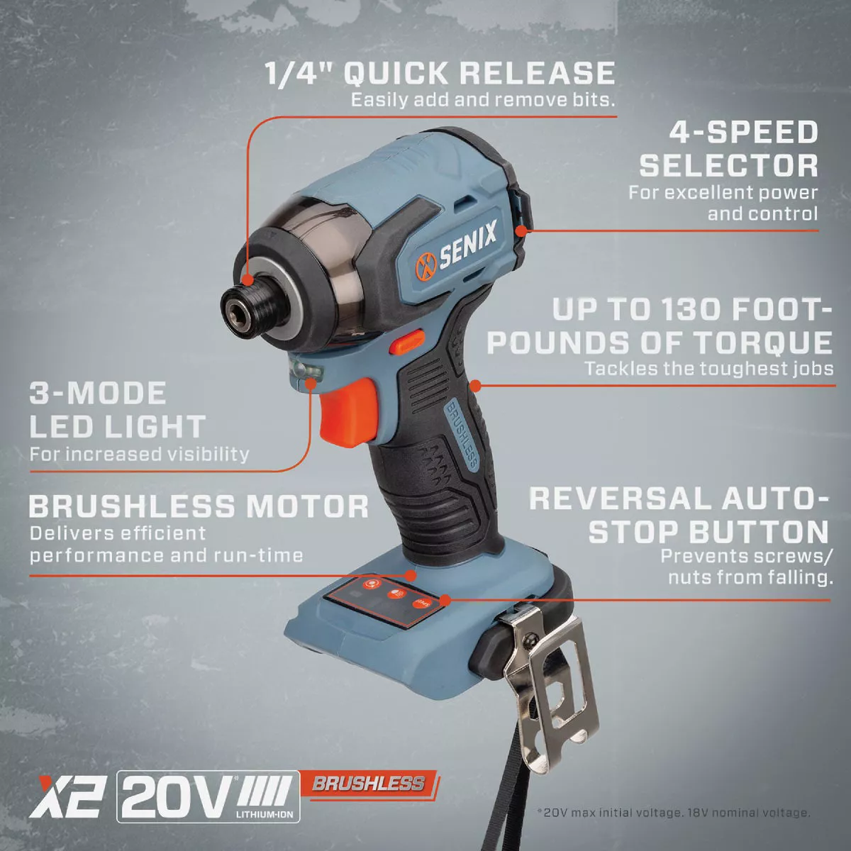 Senix X2 20 Volt Max Brushless 1/4 In. Hex Cordless Impact Driver (Tool Only) - photo 2