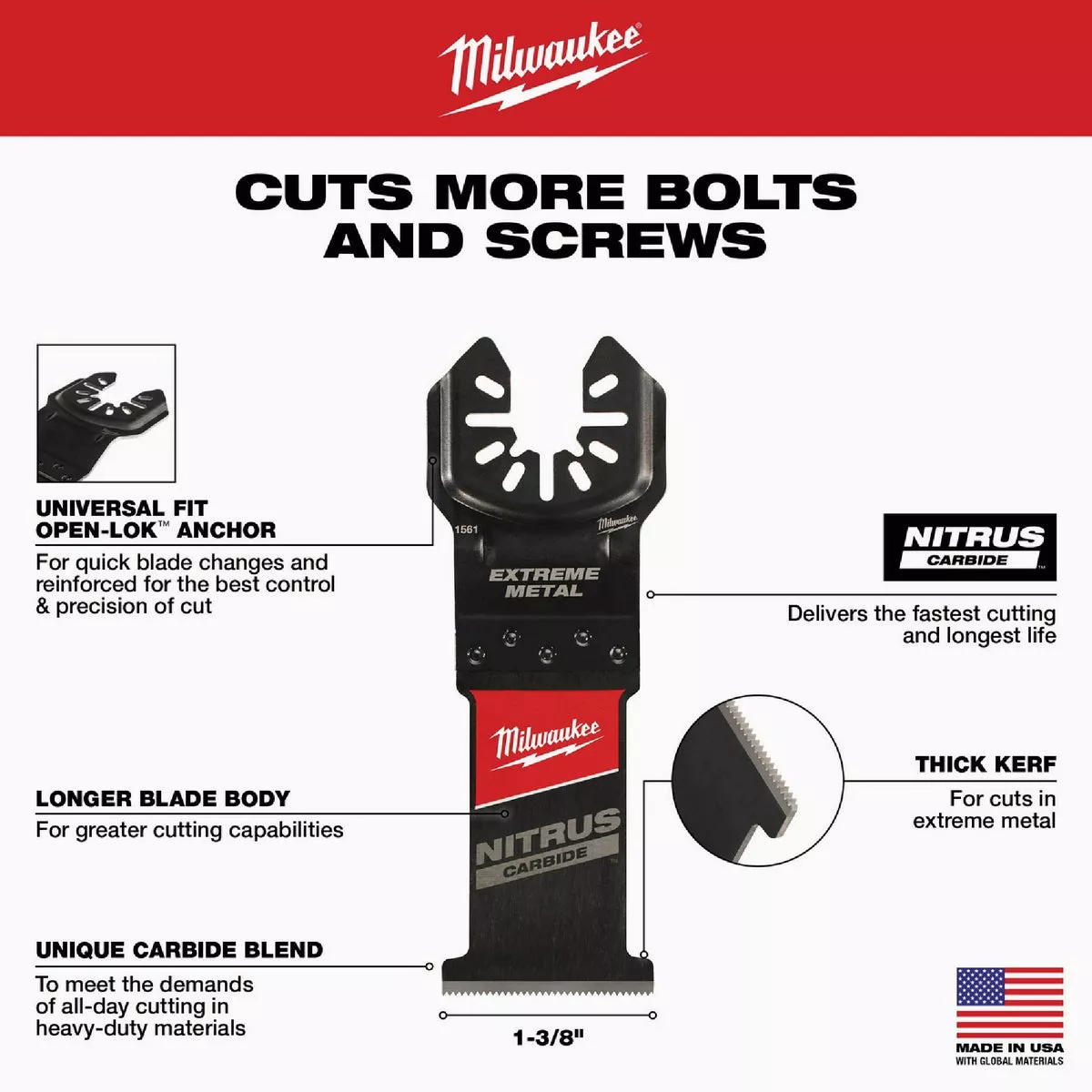 Milwaukee NITRUS CARBIDE 1-3/8 In. Extreme Metal Universal Fit OPEN-LOK Oscillating Blade - photo 4