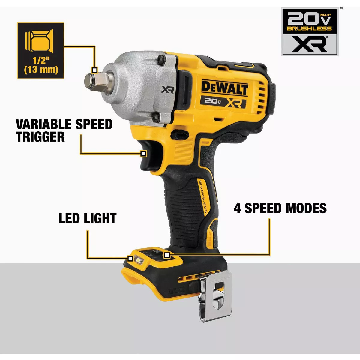 DEWALT 20V MAX XR Brushless 1/2 In. Mid-Range Cordless Impact Wrench with Hog Ring Anvil (Tool Only) - photo 3