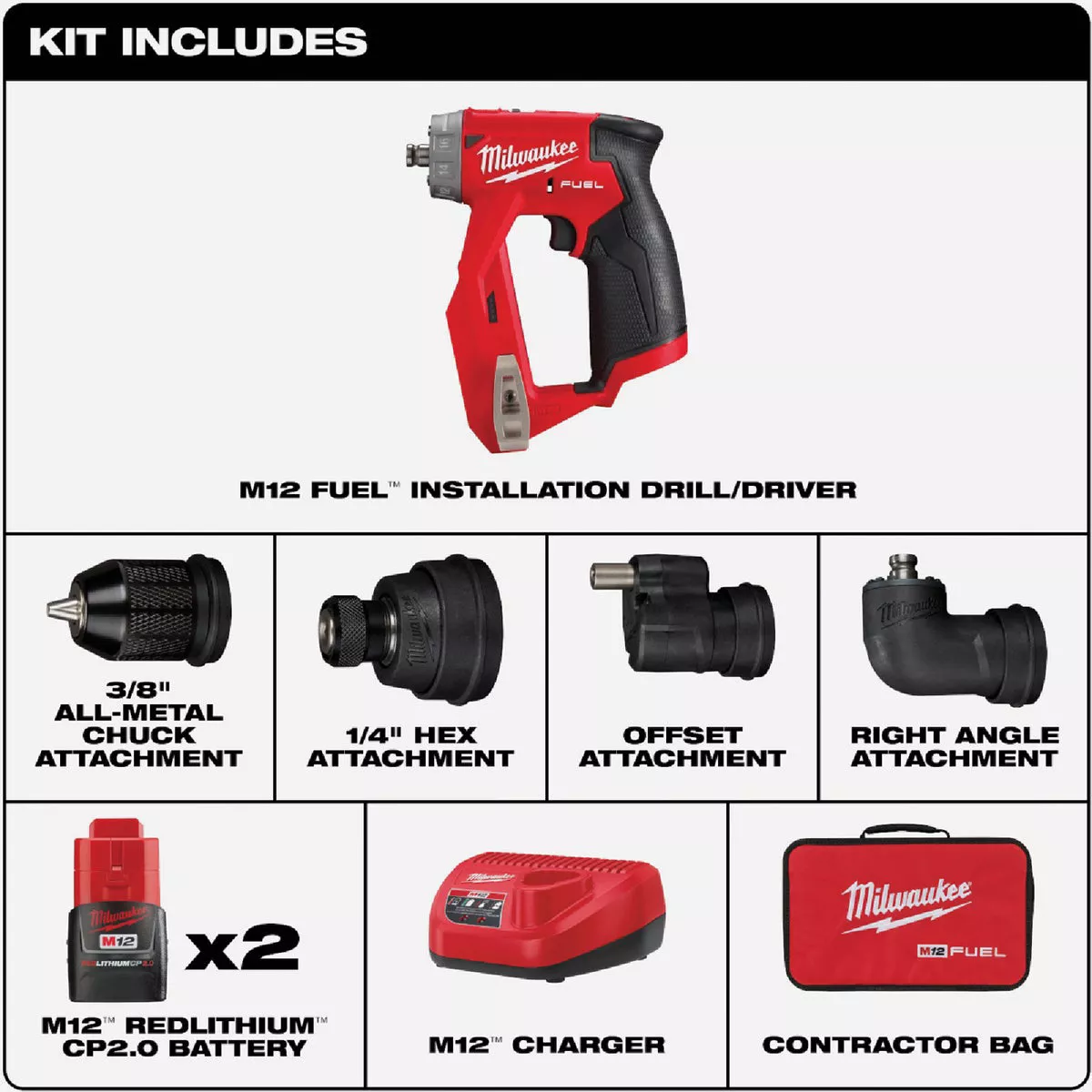 Milwaukee M12 FUEL Brushless 3/8 In. Installation Cordless Drill/Driver Kit with 4-Tool Heads & (2) 2.0 Ah Batteries & Charger - photo 2