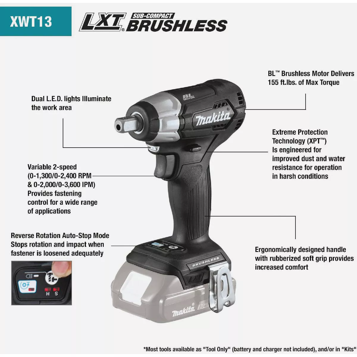 Makita 18 Volt LXT Lithium-Ion Brushless 1/2 In. Square Drive Sub-Compact Cordless Impact Wrench (Bare Tool) - photo 6