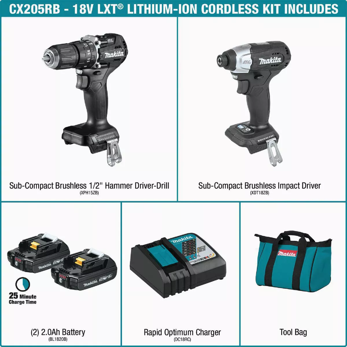Makita 18V LXT 2-Tool Lithium-Ion Brushless Sub-Compact Hammer Drill/Driver & Impact Driver Cordless Tool Combo Kit - photo 15