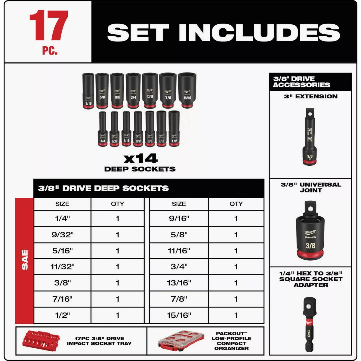 Milwaukee SHOCKWAVE Standard 3/8 In. Drive 6-Point Deep Impact Driver Set with PACKOUT Organizer (17-Piece) - photo 4