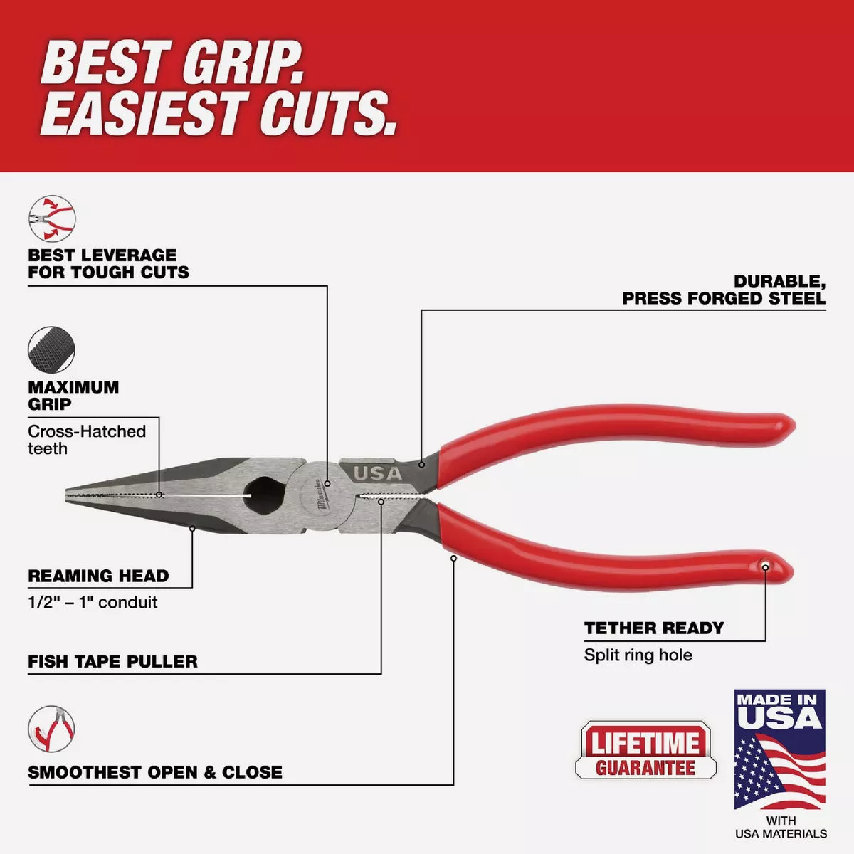 Milwaukee 8 In. Dipped Grip Long Nose Pliers (USA) - photo 4