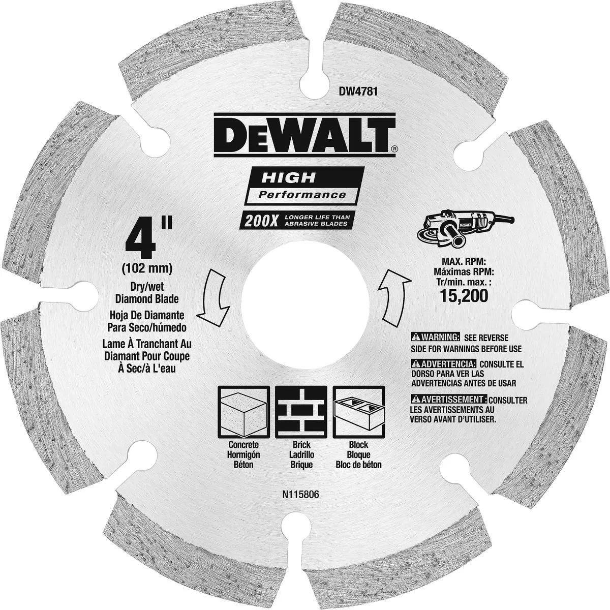 DEWALT High Performance 4 In. Segmented Rim Dry/Wet Cut Diamond Blade