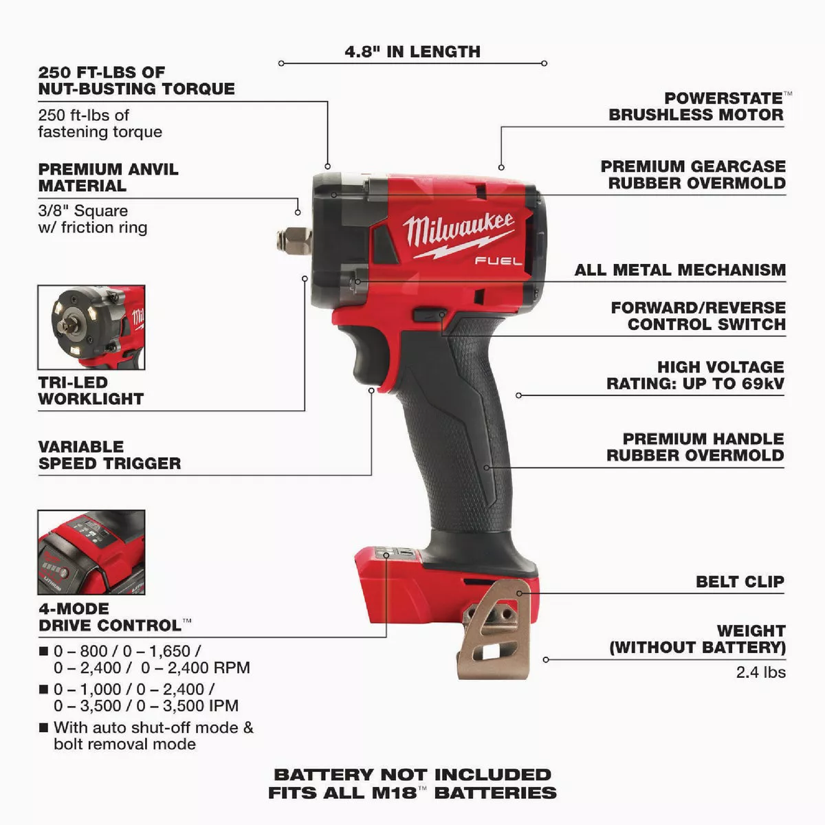 Milwaukee M18 FUEL Brushless 3/8 In. Compact Cordless Impact Wrench with Friction Ring (Tool Only) - photo 2