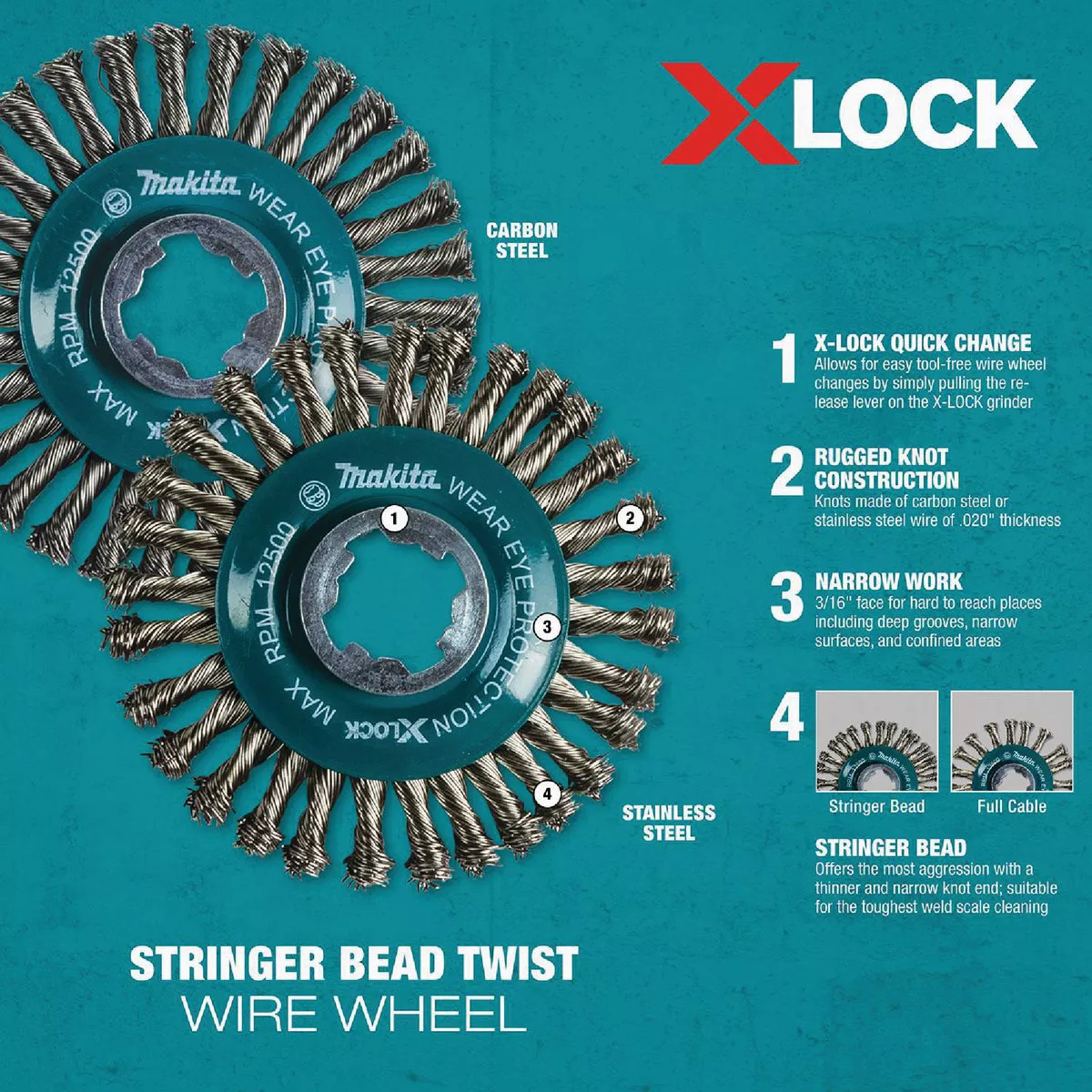 Makita X-LOCK 4-1/2 In. Stringer Bead Twist Stainless Steel Angle Grinder Wire Wheel - photo 4