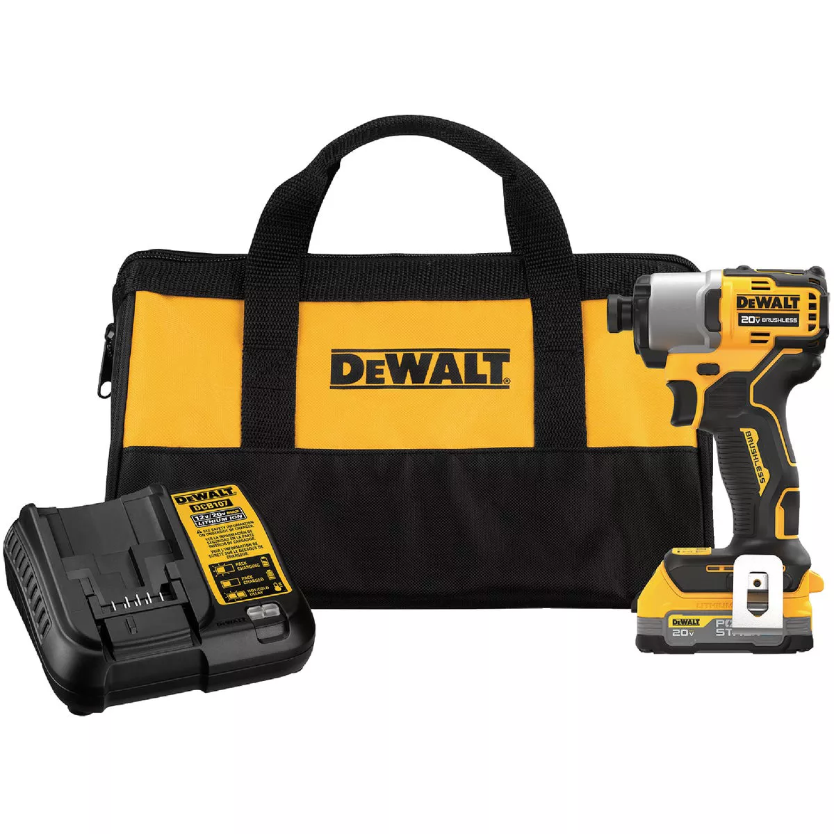 DEWALT 20V MAX Brushless 1/4 In. Hex Compact Cordless Impact Driver Kit with 1.7 Ah POWERSTACK Battery & Charger