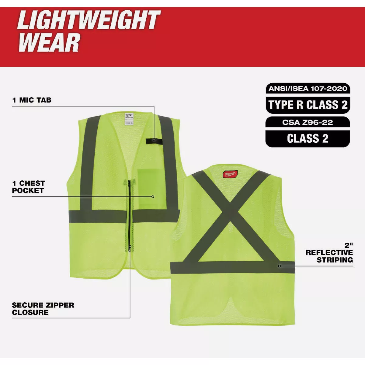 Milwaukee Class 2 High Visibility Yellow Mesh One Pocket Safety Vest, L/XL - photo 3