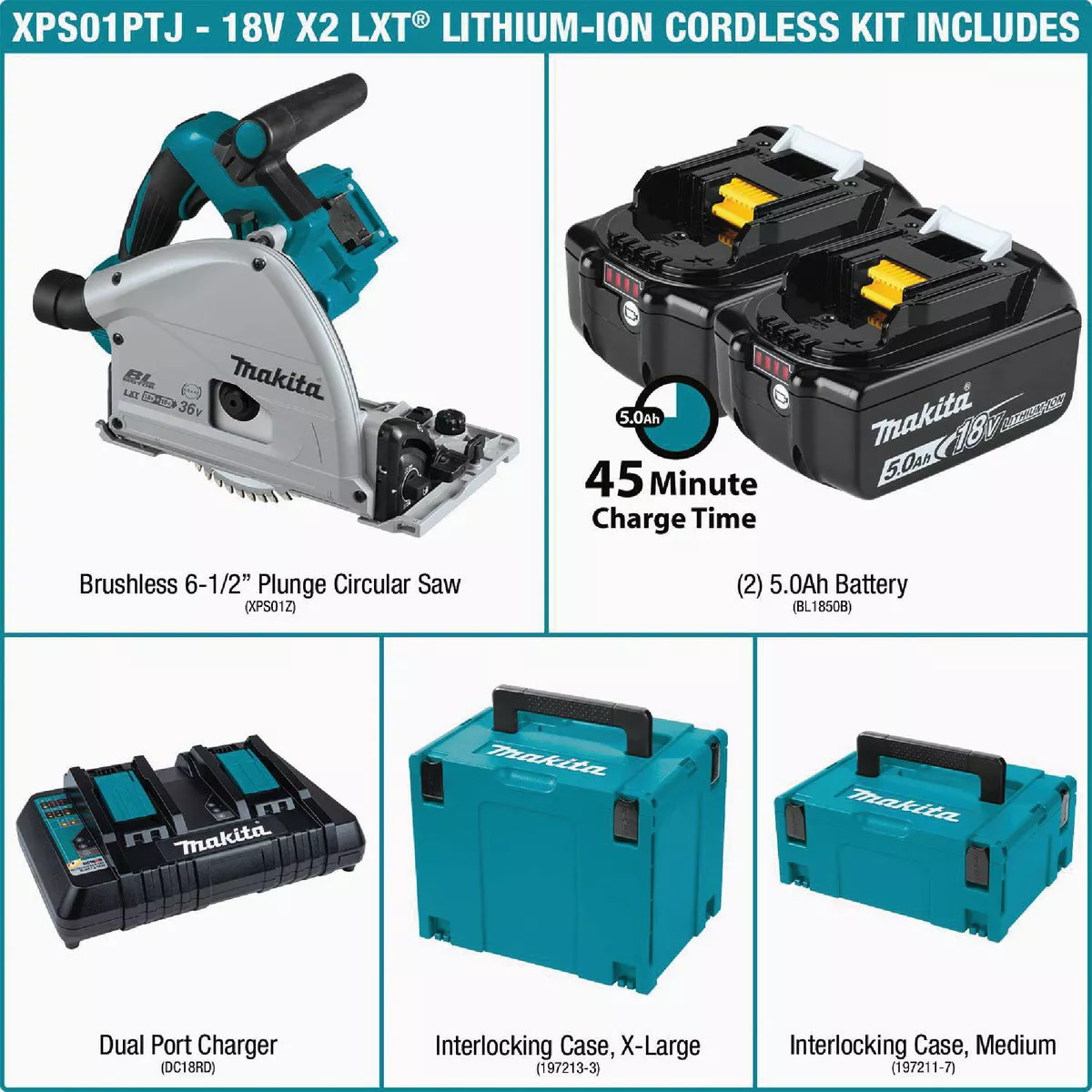 Makita 18V X2 LXT Brushless 6-1/2 In. Cordless Plunge Track Saw Kit with (2) 5.0 Ah Batteries & Dual Port Rapid Charger - photo 8