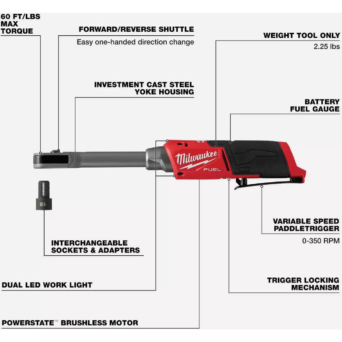 Milwaukee M12 FUEL INSIDER Brushless 1/4 In. to 3/8 In. Extended Reach Cordless Box Ratchet (Tool Only) - photo 3