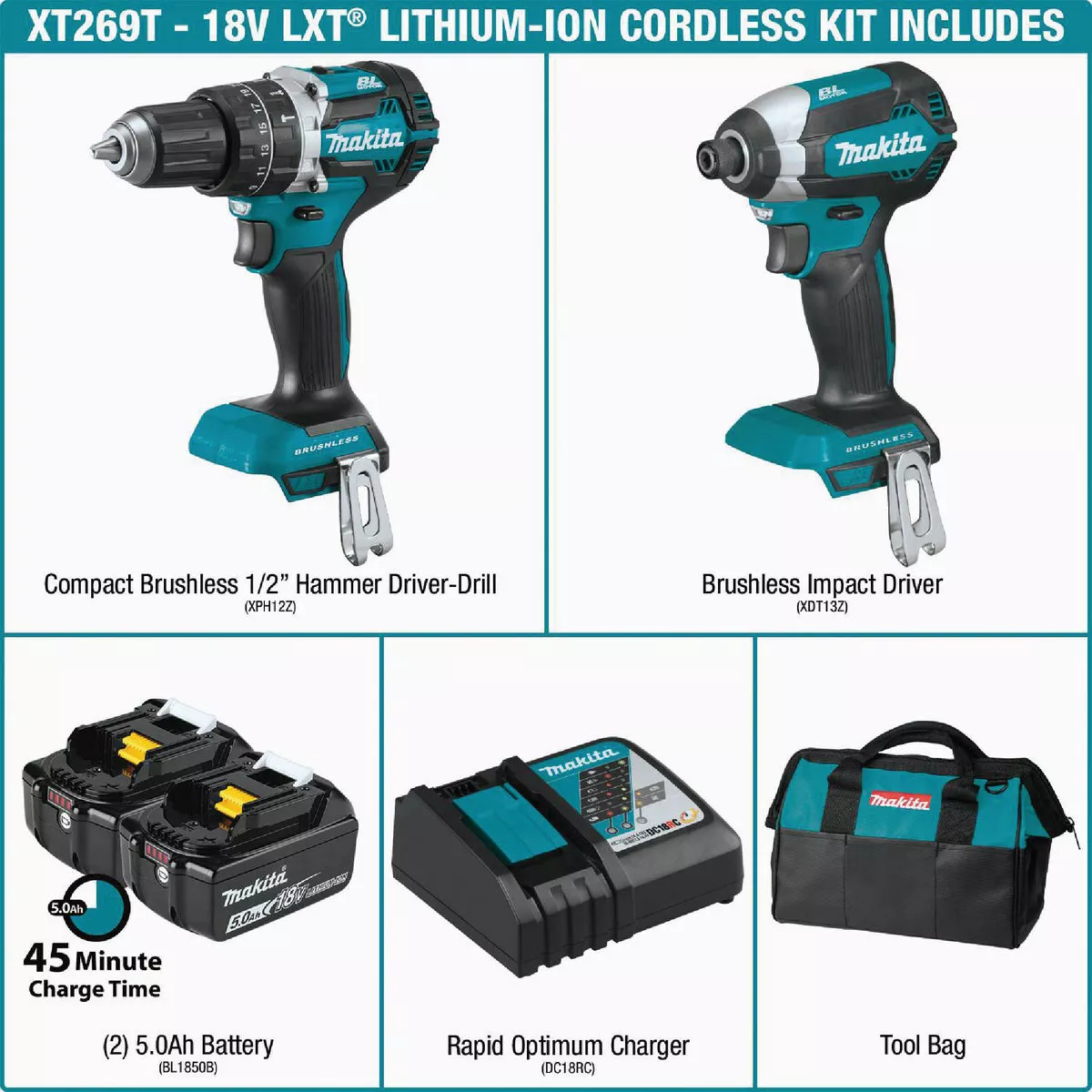 Makita 2-Tool 18 Volt LXT Lithium-Ion Brushless Compact Hammer Drill/Driver & Impact Driver Cordless Tool Combo Kit - photo 2