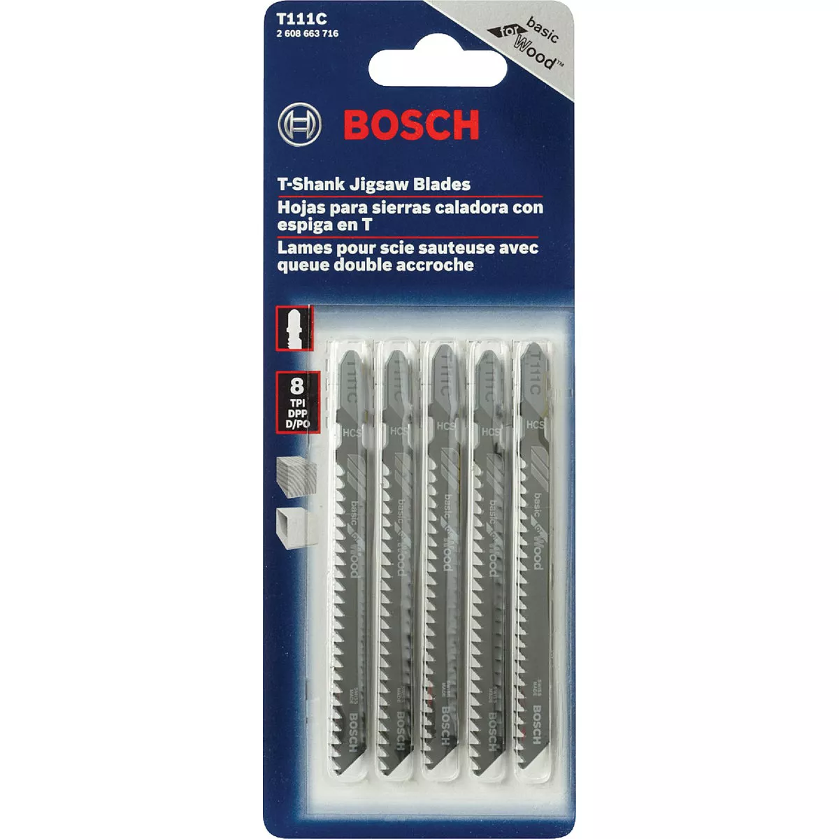 Bosch T-Shank 4 In. x 8 TPI High Carbon Steel Jig Saw Blade, Basic for Wood (5-Pack) - photo 2