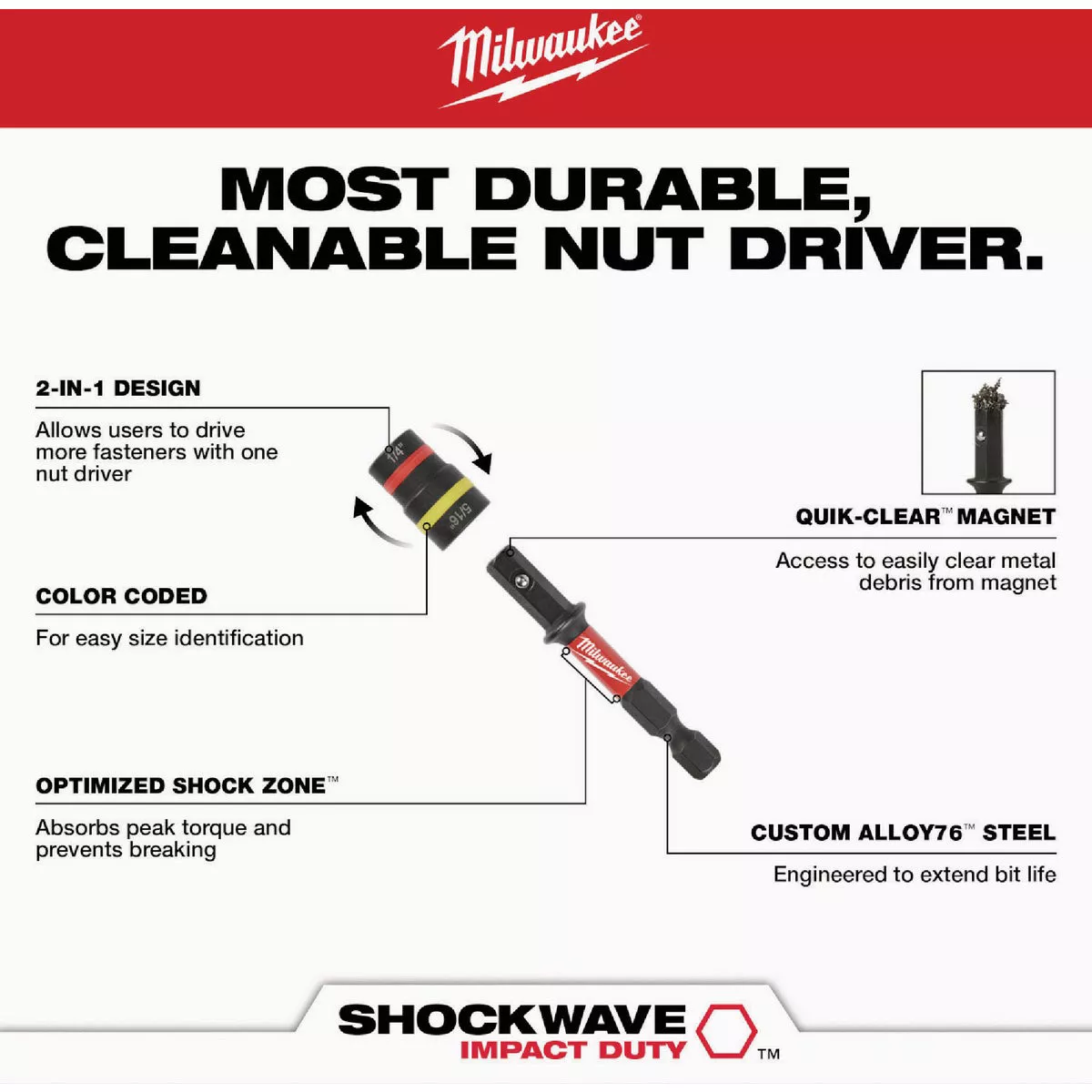 Milwaukee SHOCKWAVE QUIK-CLEAR 2-in-1 1/4 In. & 5/16 In. x 2-1/4 In. Impact Duty Magnetic Nut Driver - photo 6