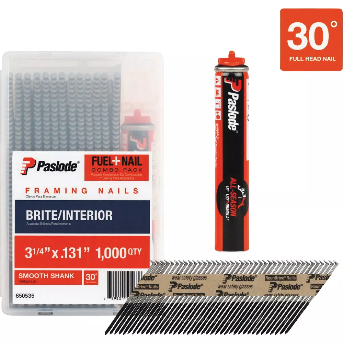 Paslode 3-1/4 In. x 0.131 In. 30 Degree Paper Tape Brite Smooth Shank RounDrive Framing Nails with (1) Framing Fuel Cell (1000 Ct.)