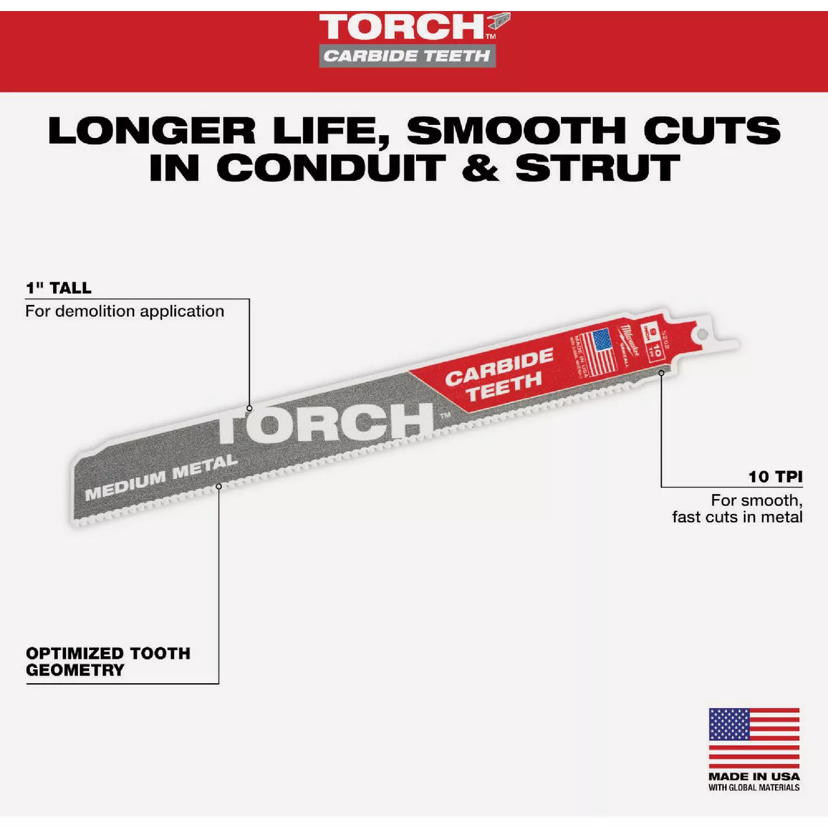 Milwaukee SAWZALL TORCH 9 In. 10 TPI Carbide Medium Metal Reciprocating Saw Blade - photo 3